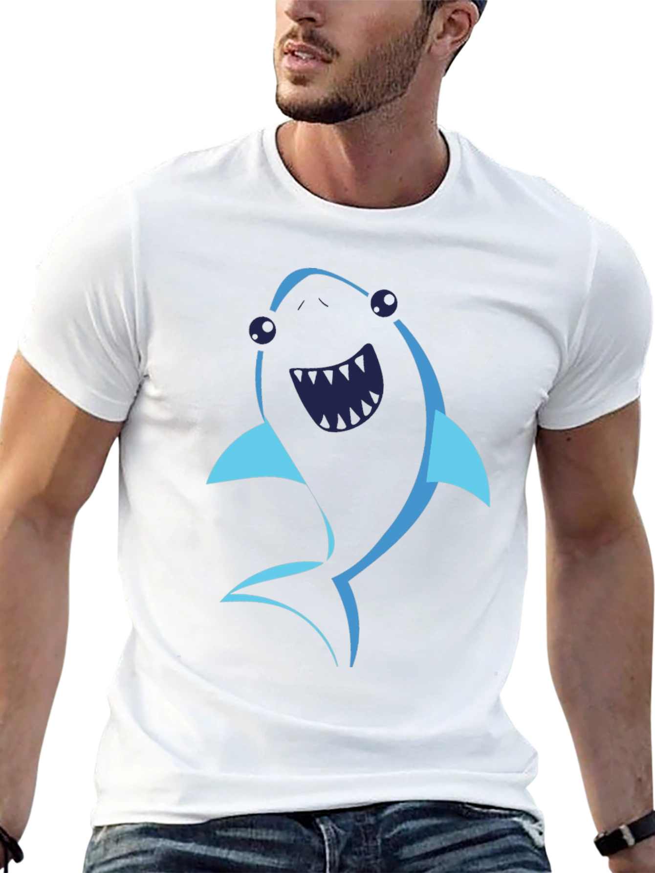 Cartoon Shark Graphic Tee - Black Cotton T-Shirt