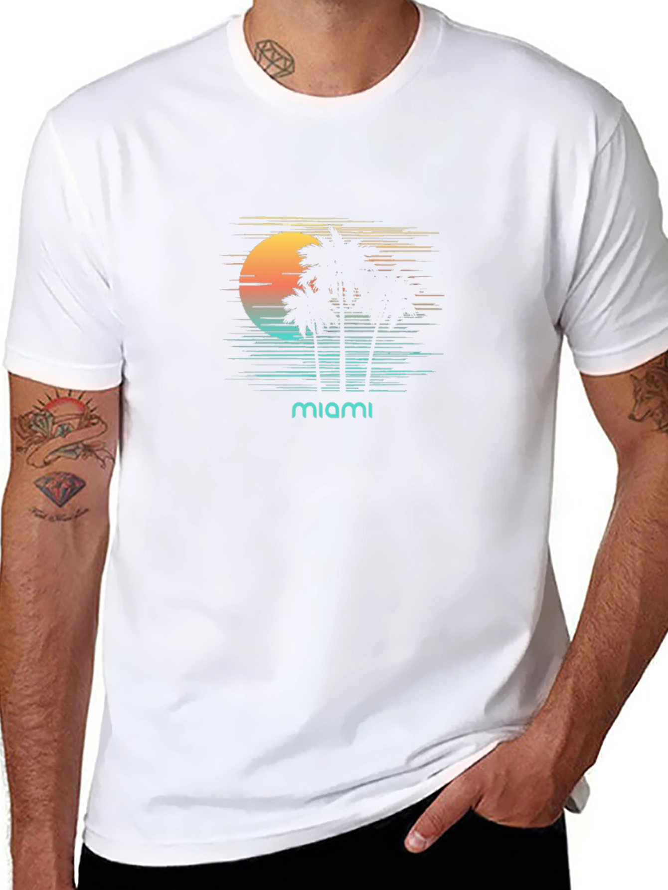 Miami Sunset Graphic T-Shirt - Retro Palm Tree Design