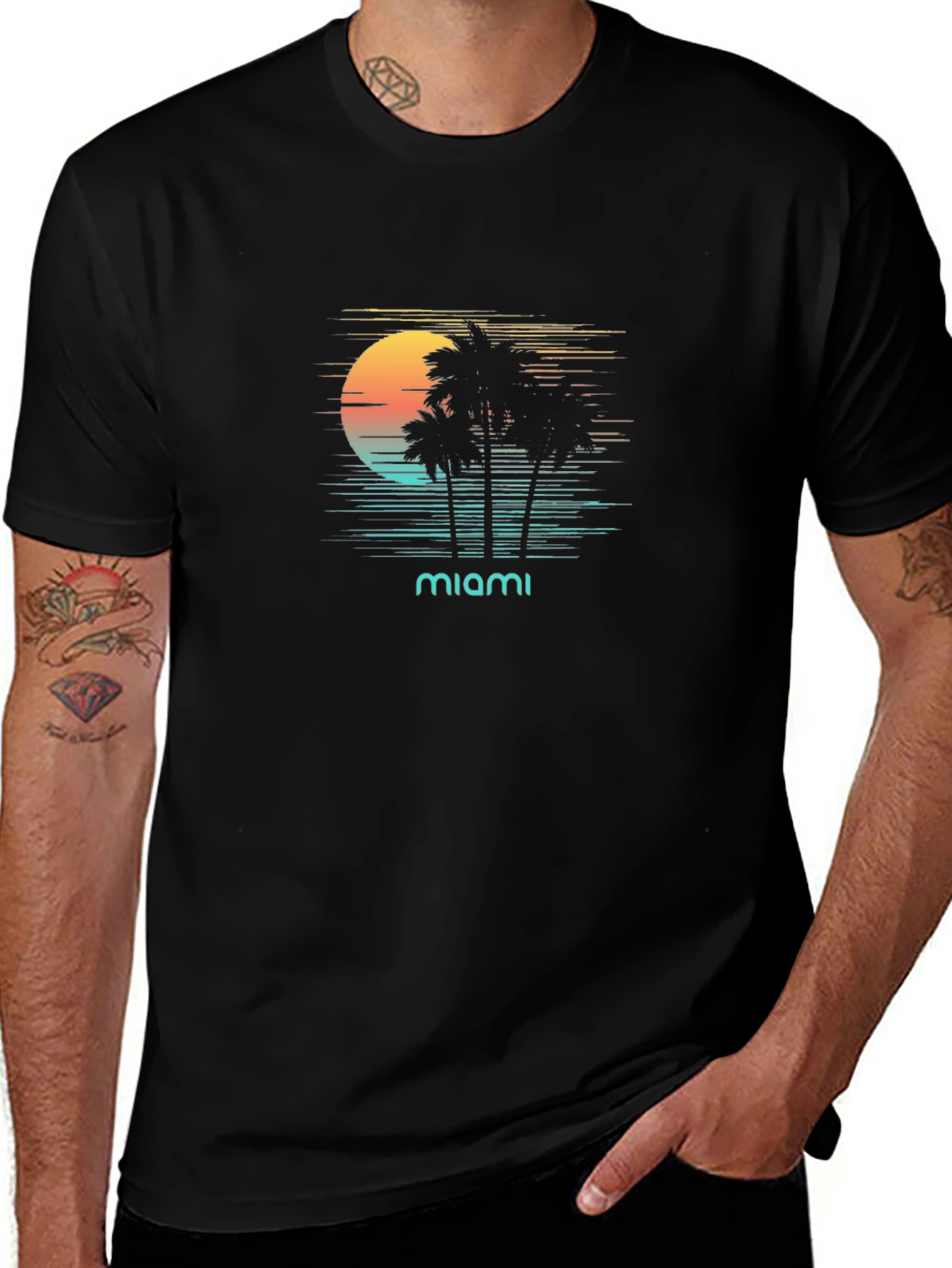 Miami Sunset Graphic T-Shirt - Retro Palm Tree Design