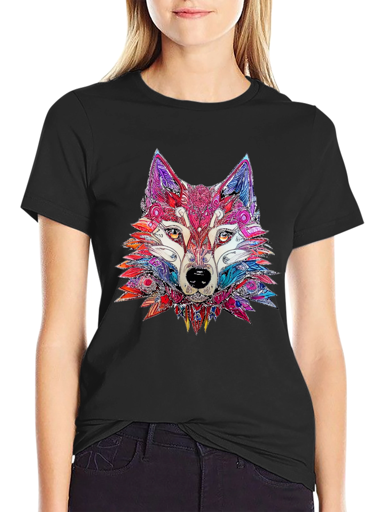 Abstract Wolf Graphic Print Black T-Shirt