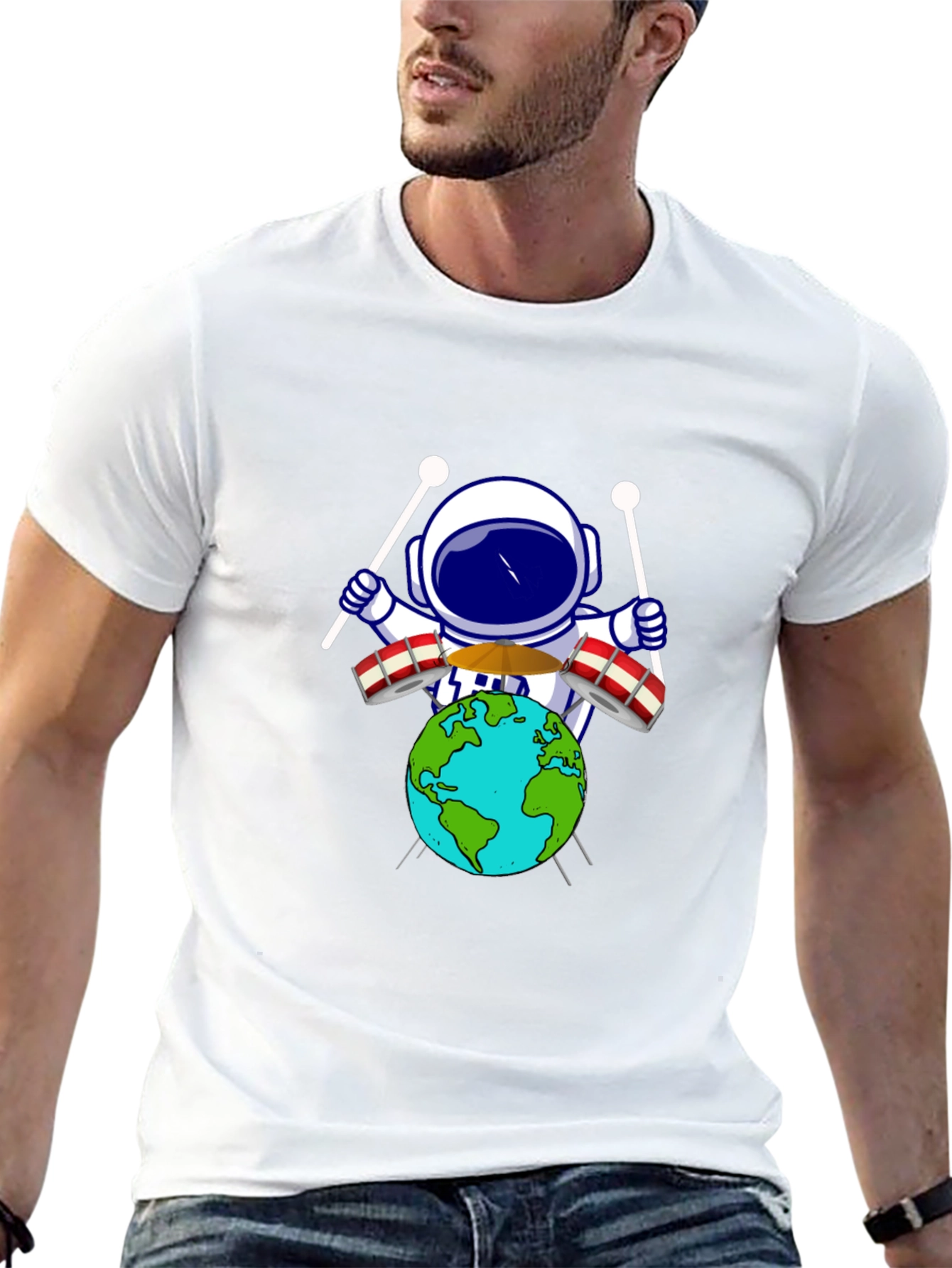 Astronaut Drummer Earth Graphic Tee - Black
