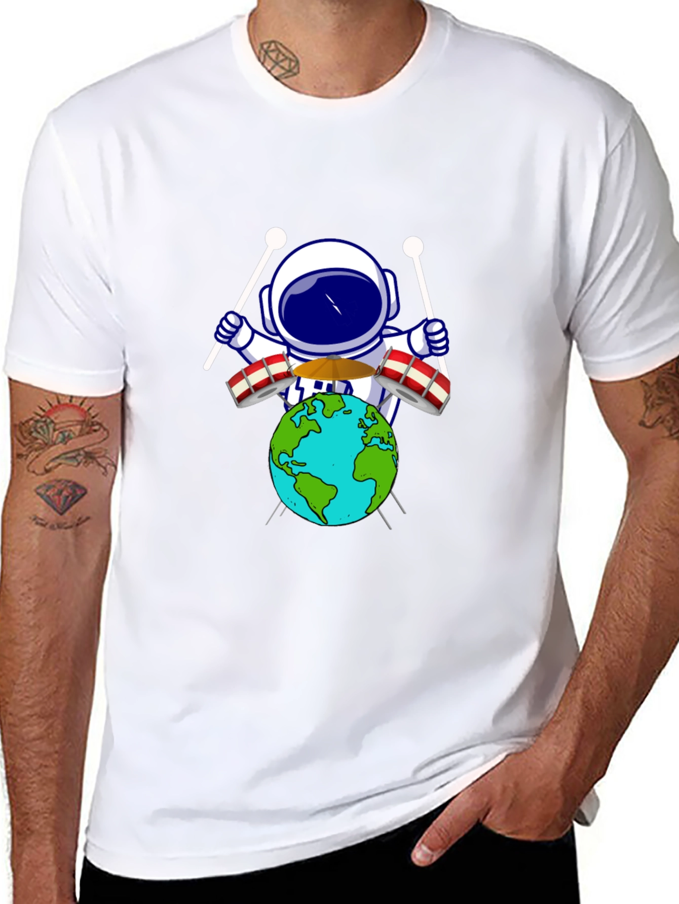 Astronaut Drummer Earth Graphic Tee - Black