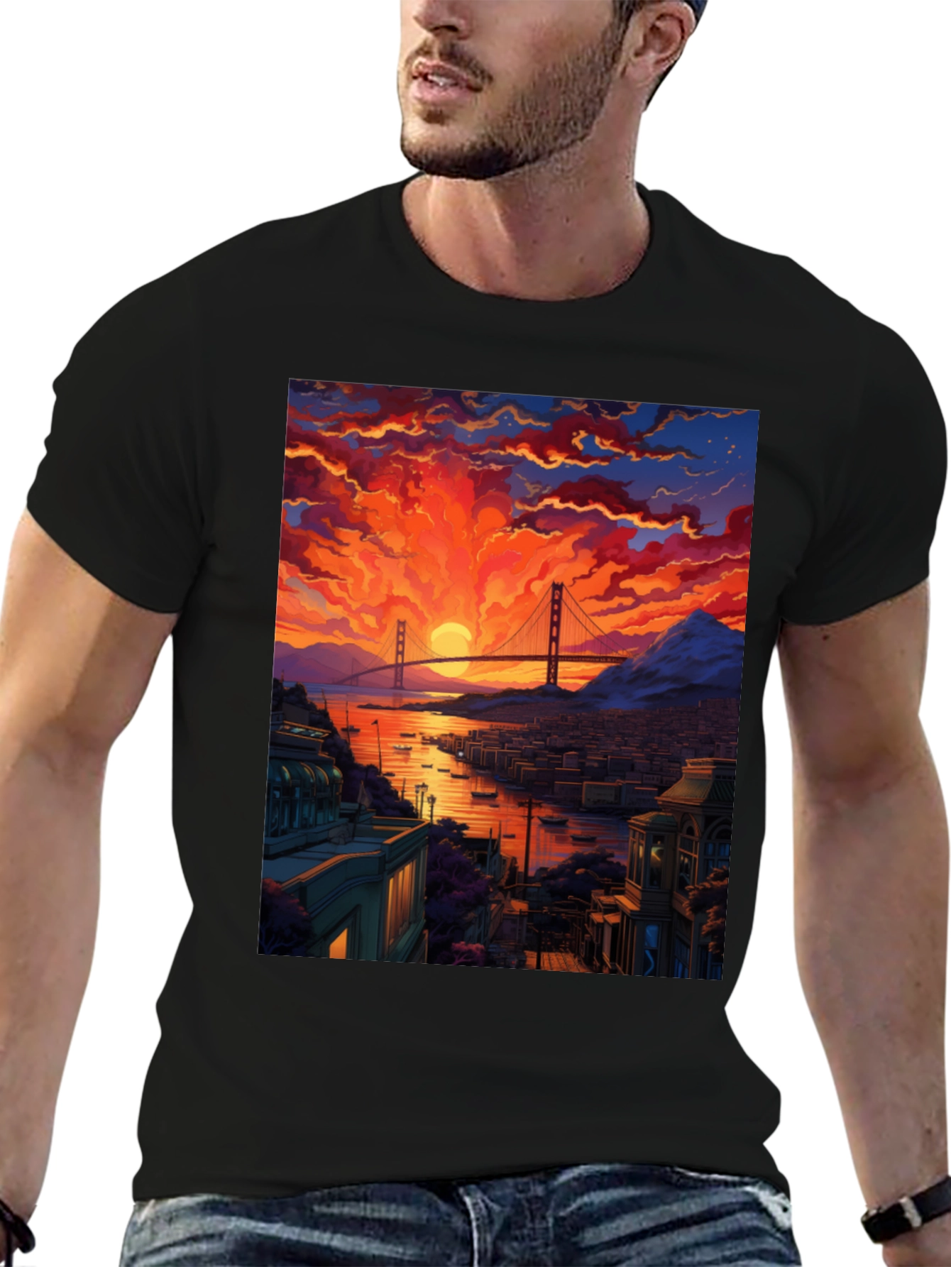 Golden Gate Bridge Sunset T-Shirt - Vibrant Cityscape Tee