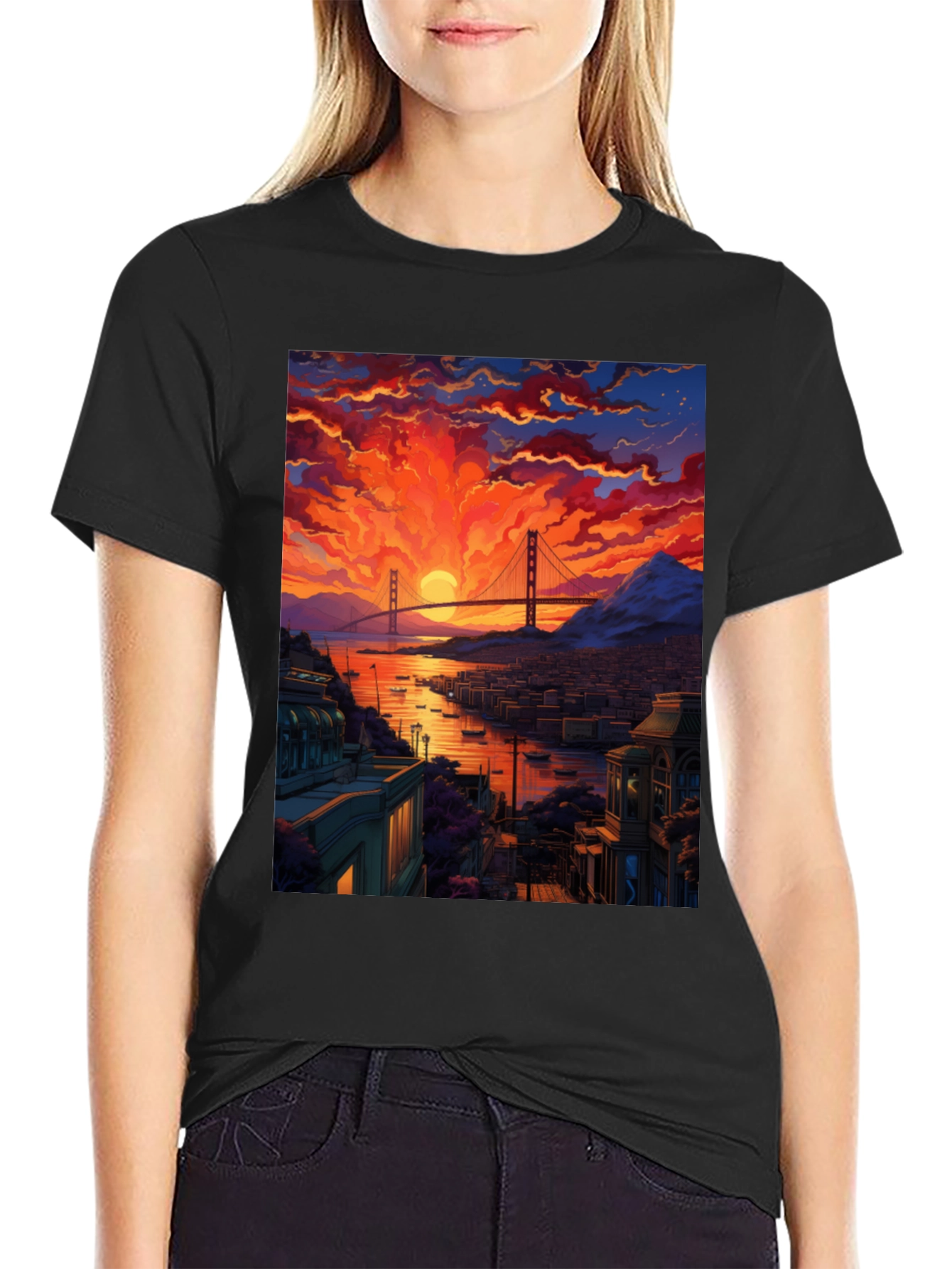 Golden Gate Bridge Sunset T-Shirt - Vibrant Cityscape Tee