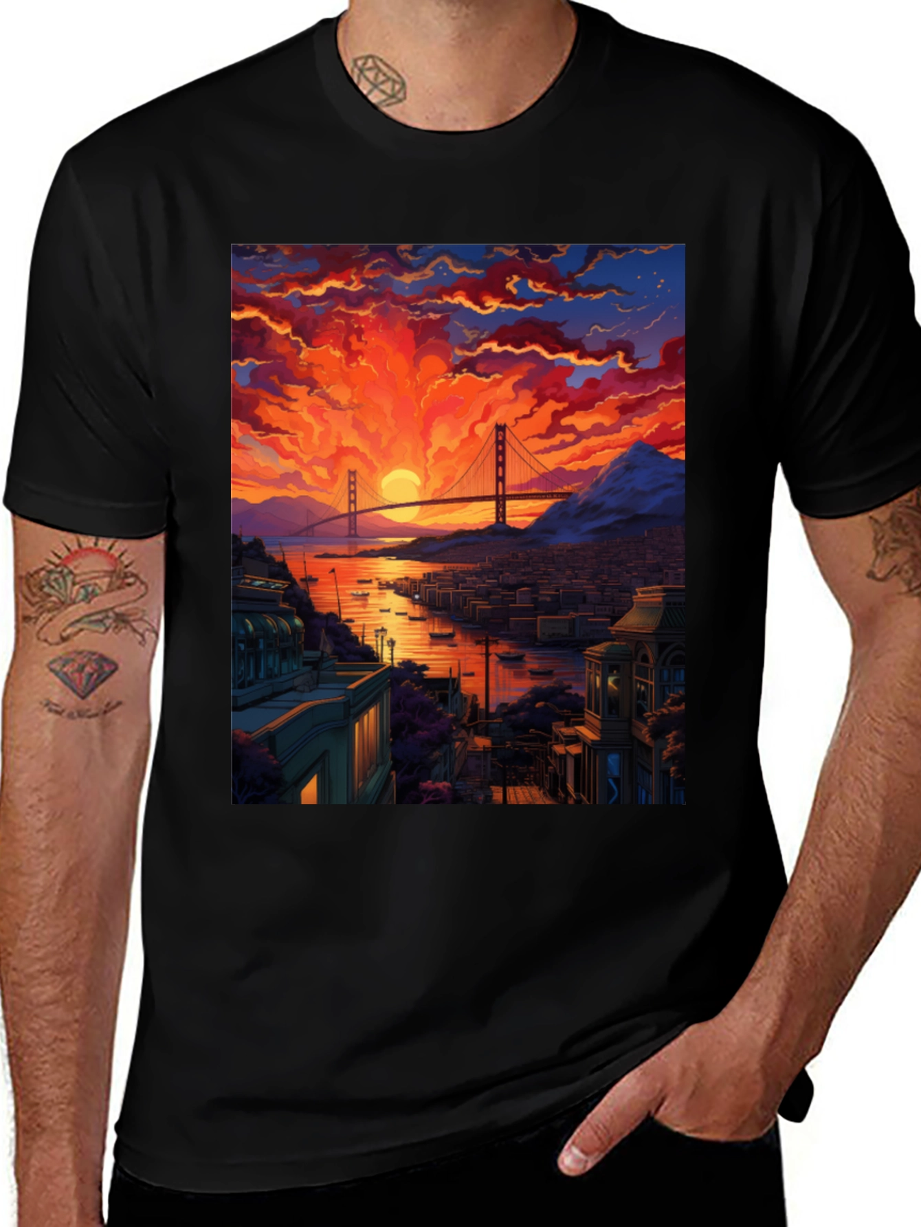 Golden Gate Bridge Sunset T-Shirt - Vibrant Cityscape Tee