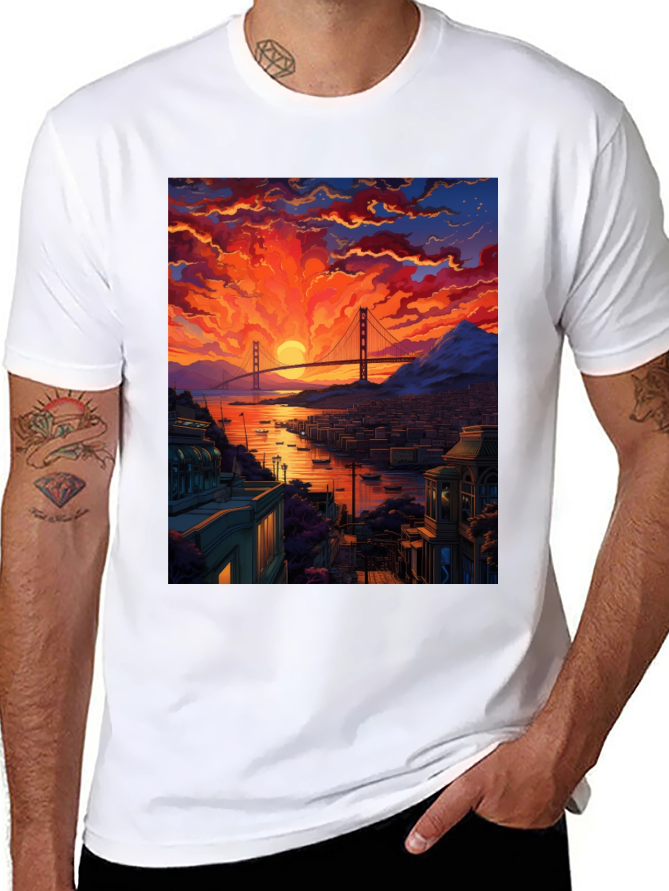 Golden Gate Bridge Sunset T-Shirt - Vibrant Cityscape Tee