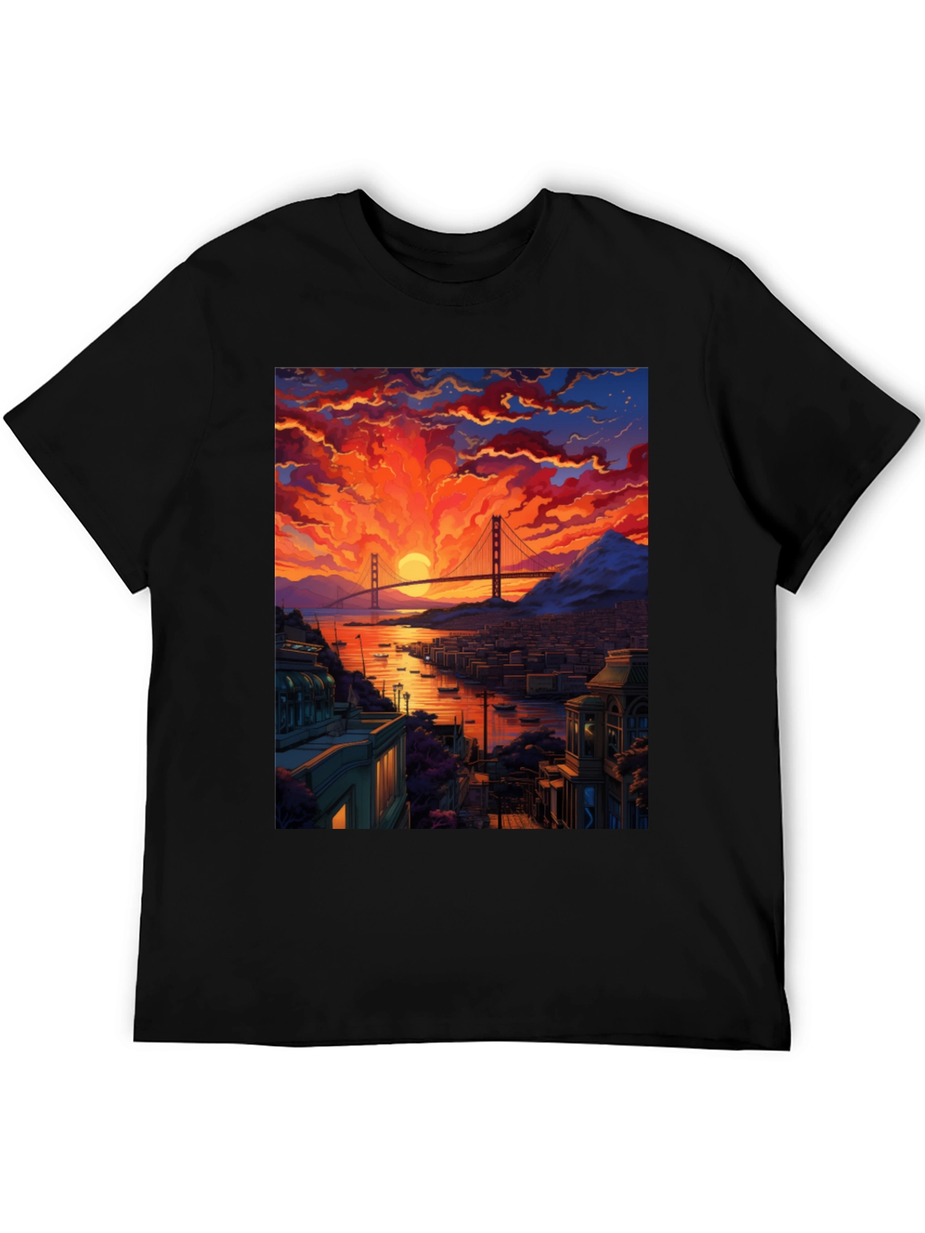 Golden Gate Bridge Sunset T-Shirt - Vibrant Cityscape Tee