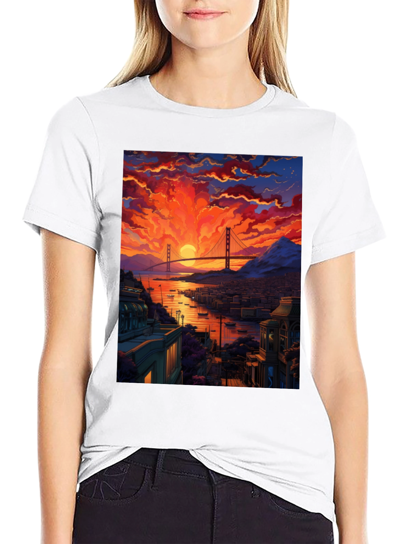 Golden Gate Bridge Sunset T-Shirt - Vibrant Cityscape Tee