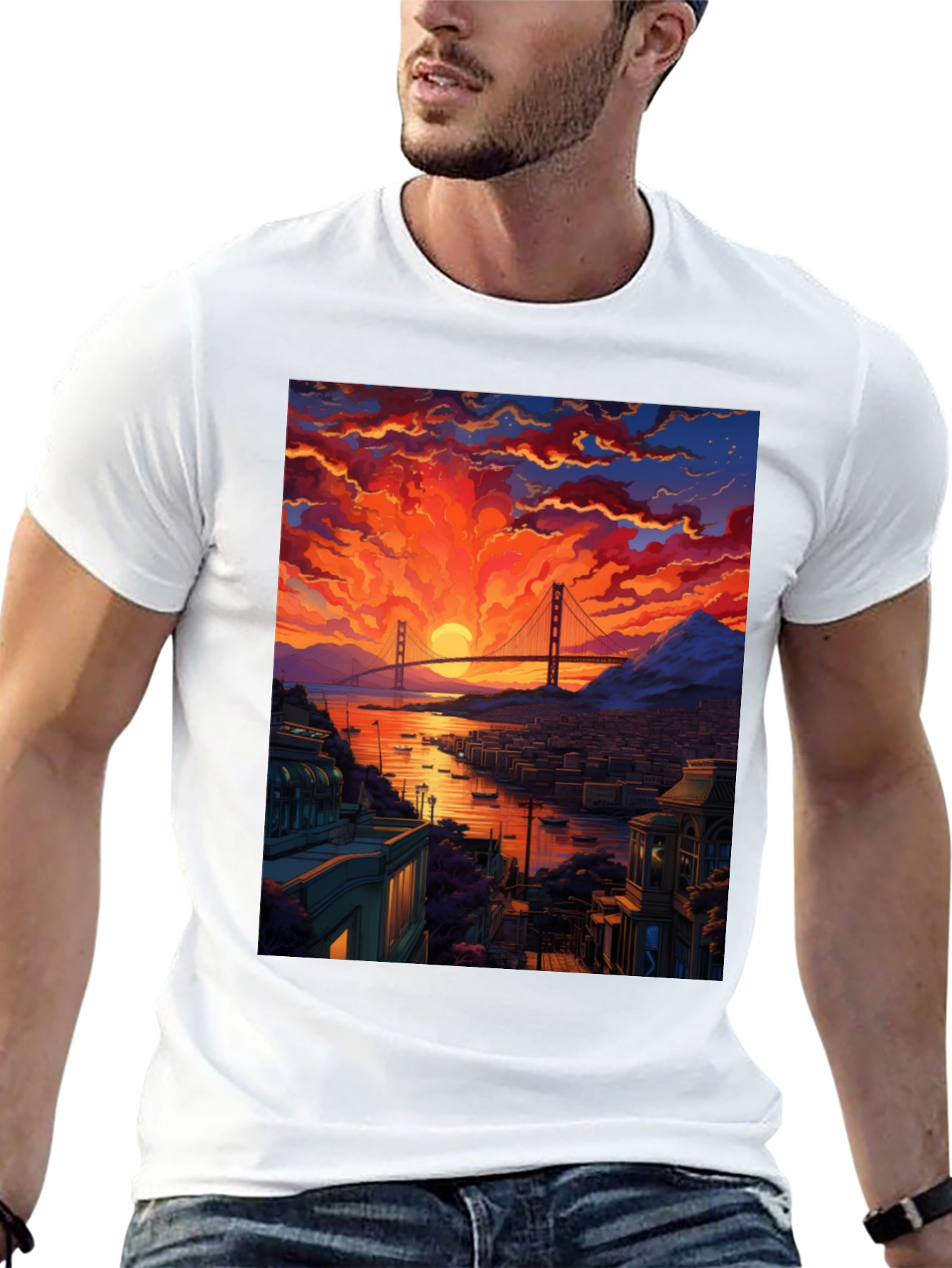 Golden Gate Bridge Sunset T-Shirt - Vibrant Cityscape Tee