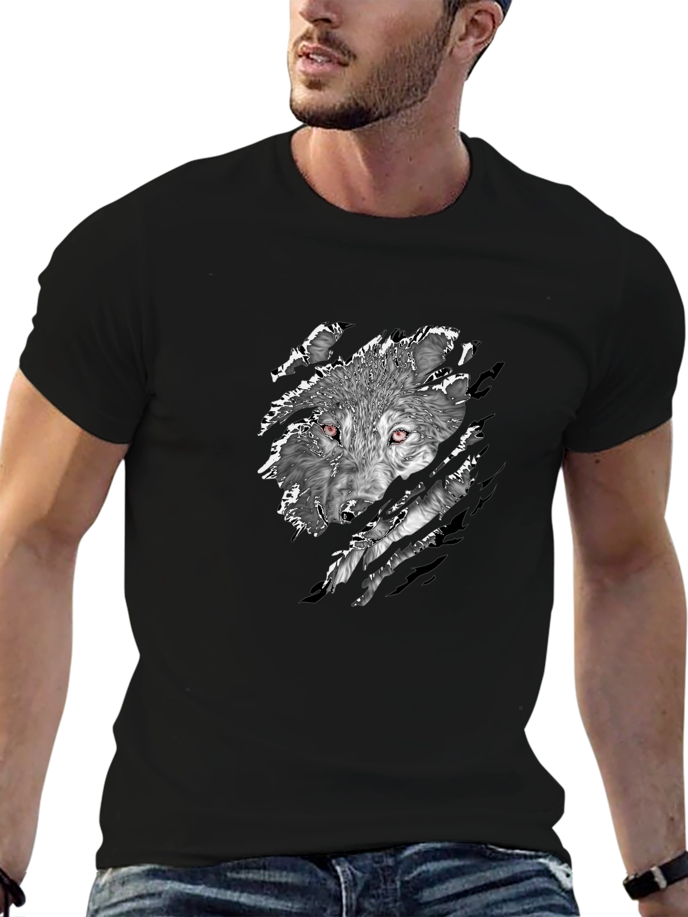 Mens Black Wolf Graphic Print T-Shirt