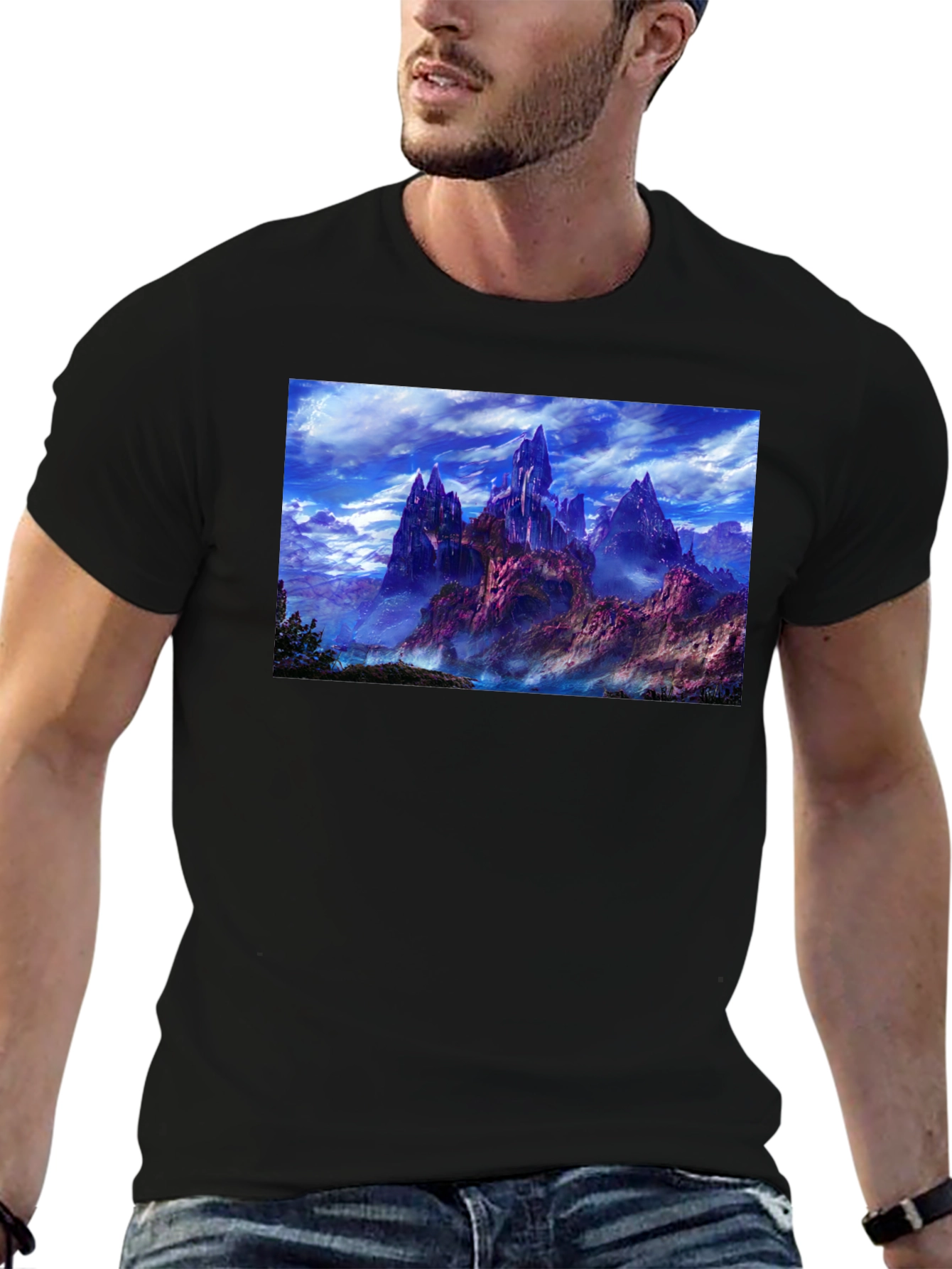 Fantasy Landscape Graphic Print Black T-Shirt