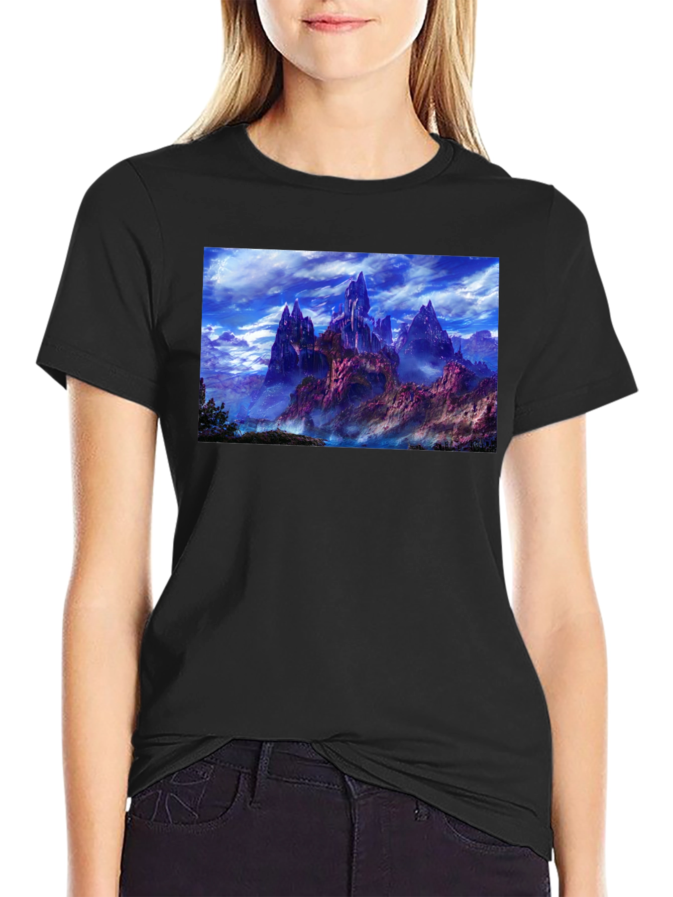 Fantasy Landscape Graphic Print Black T-Shirt