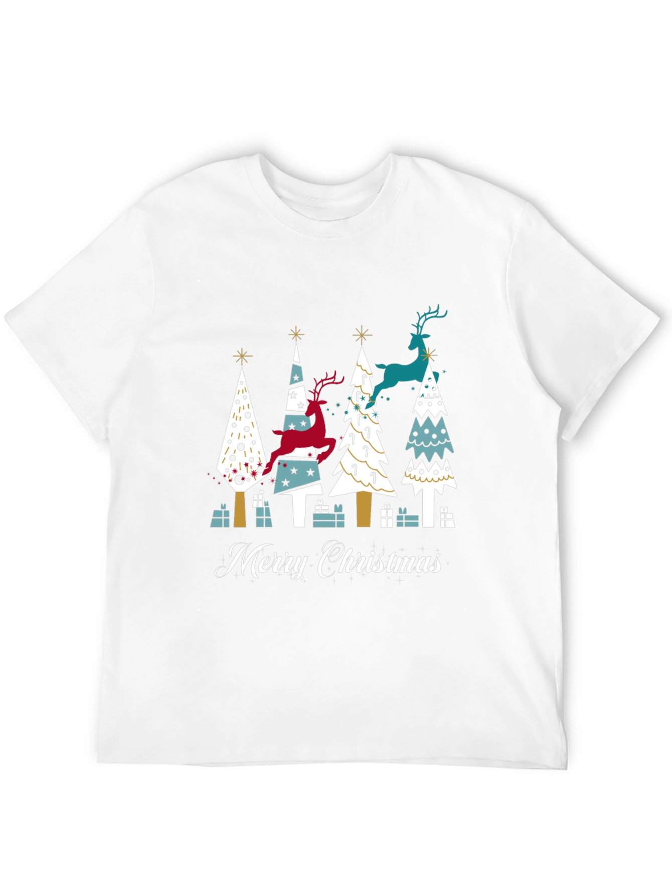 Festive Merry Christmas Tree & Reindeer Graphic Tee