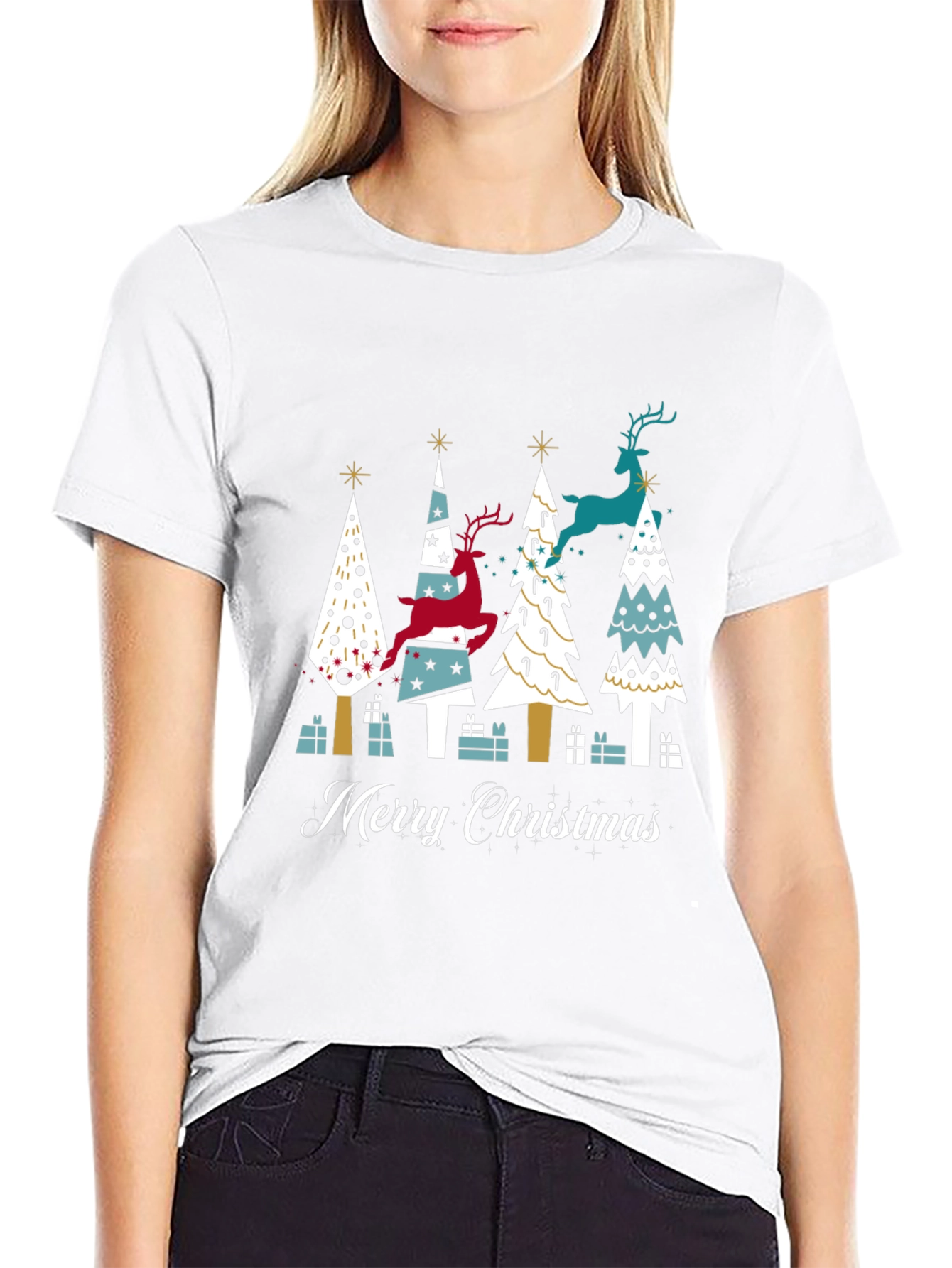 Festive Merry Christmas Tree & Reindeer Graphic Tee