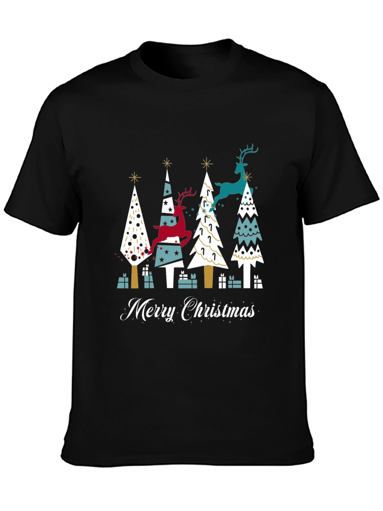 Festive Merry Christmas Tree & Reindeer Graphic Tee