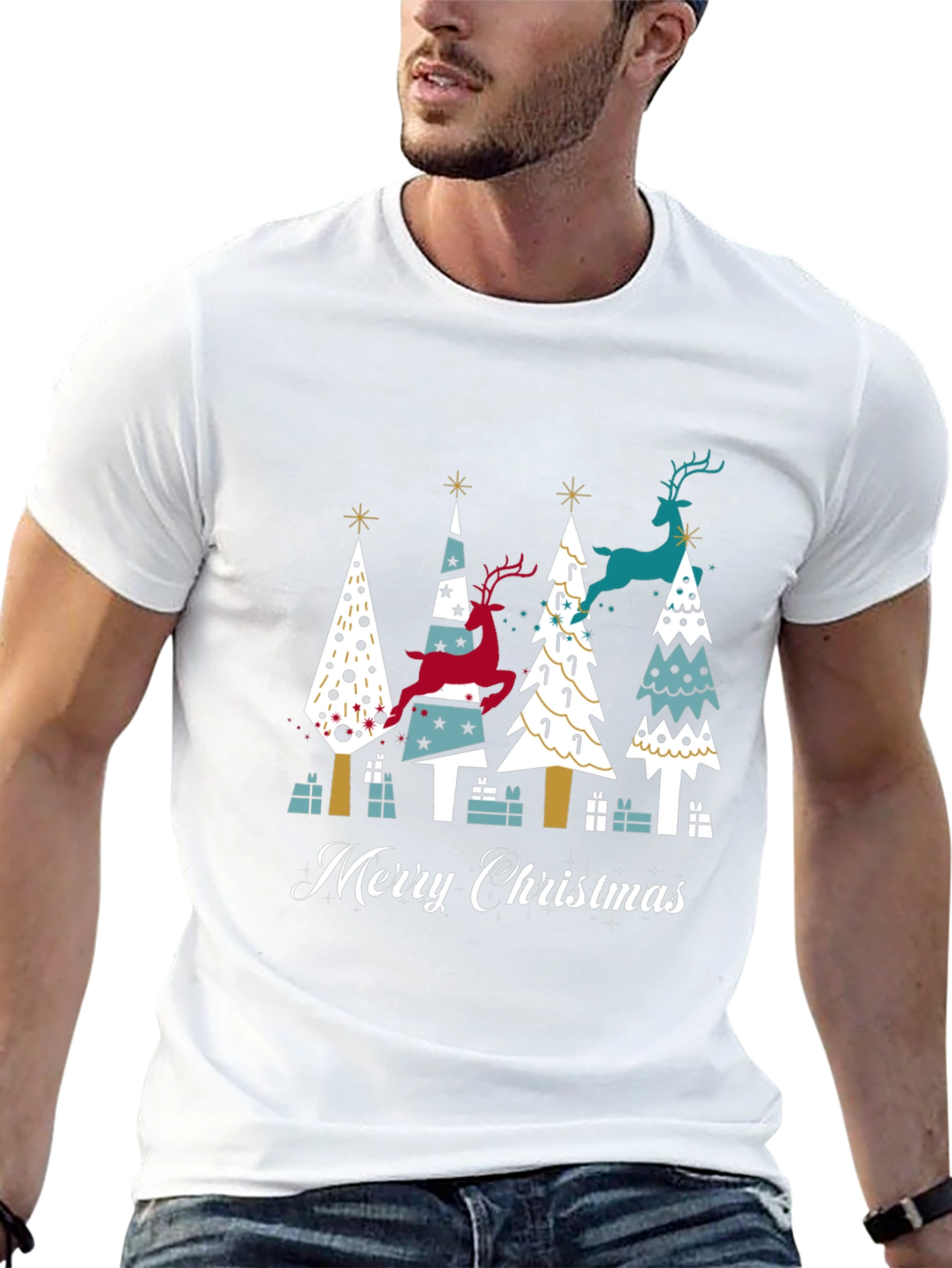 Festive Merry Christmas Tree & Reindeer Graphic Tee