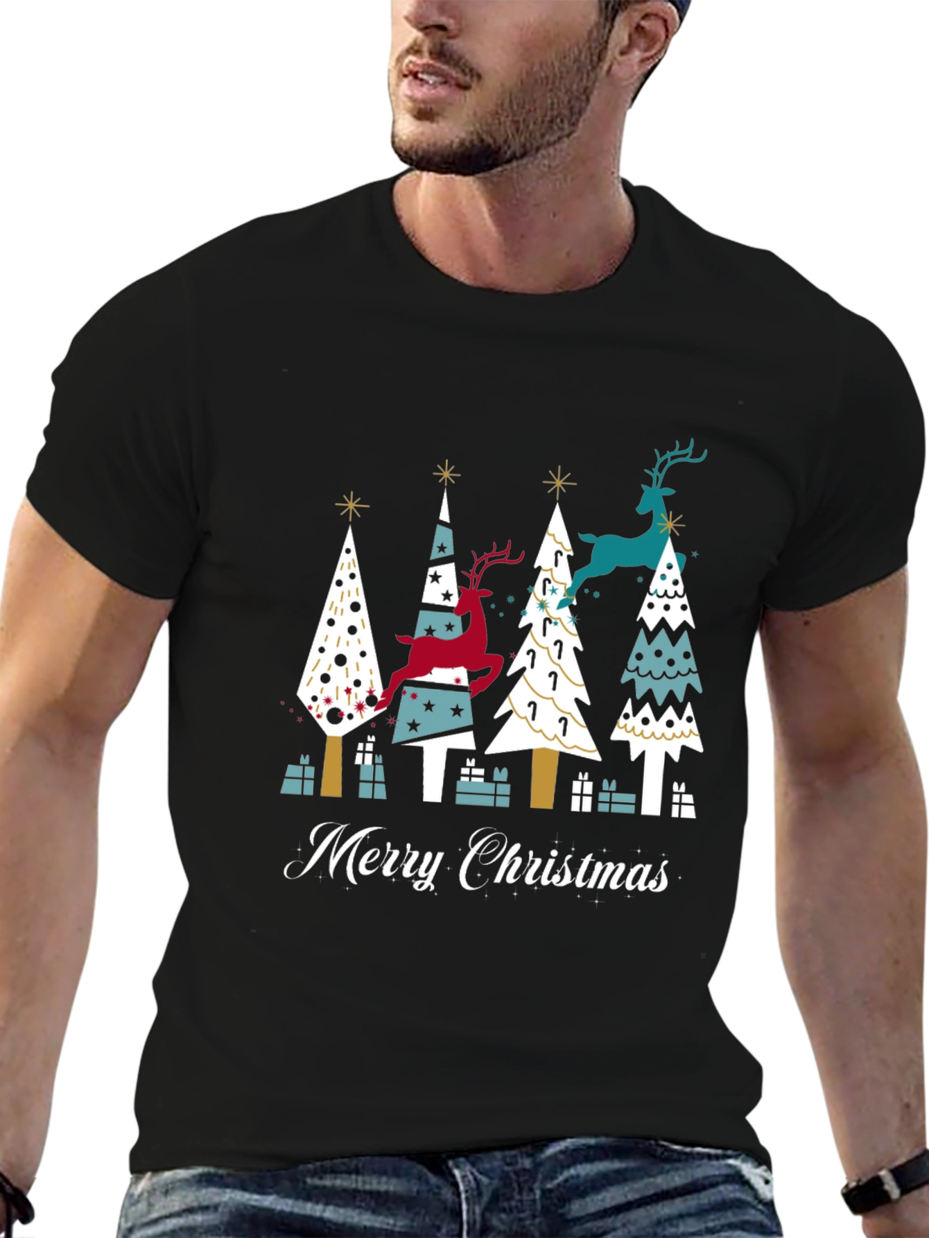 Festive Merry Christmas Tree & Reindeer Graphic Tee