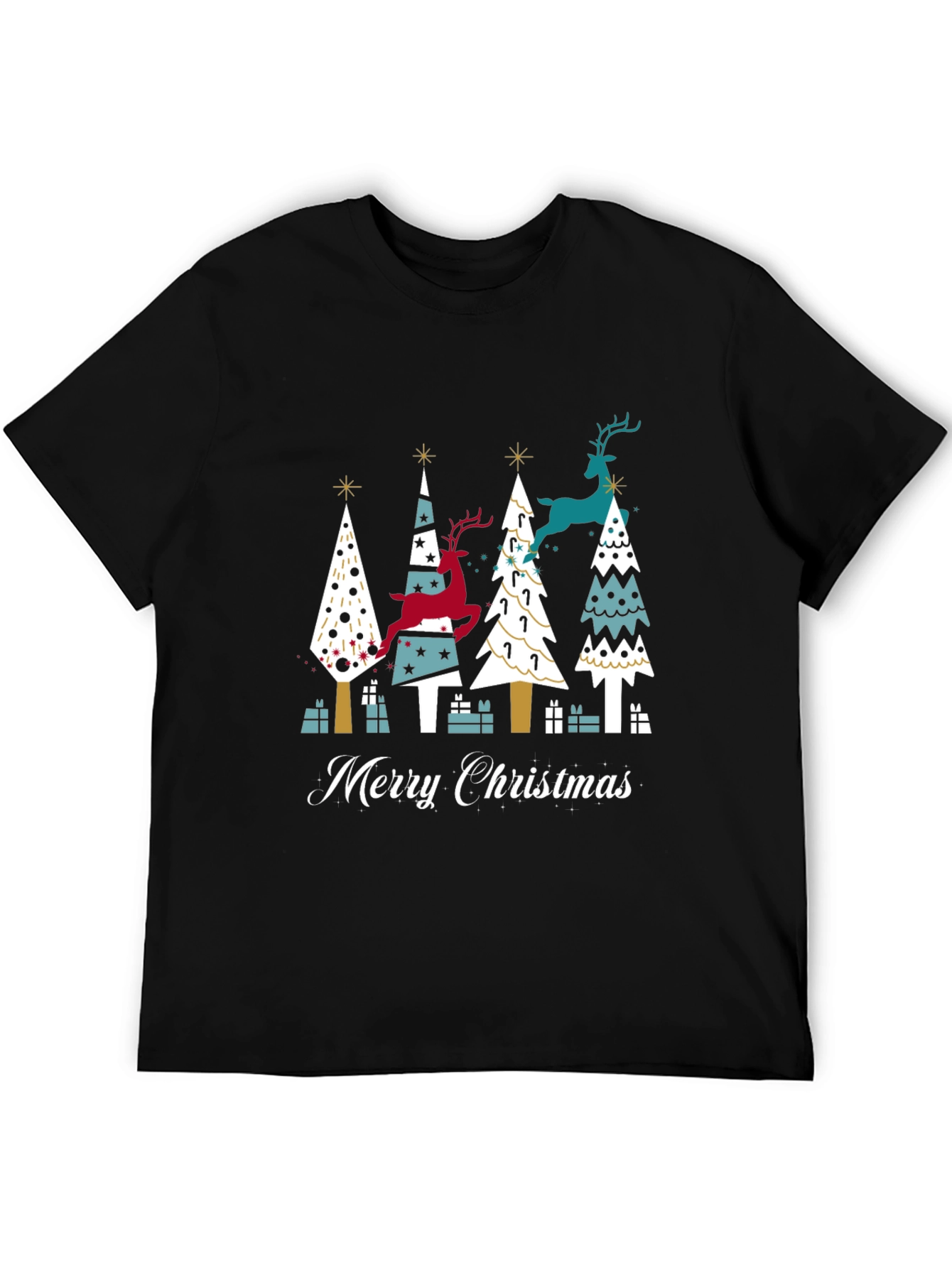 Festive Merry Christmas Tree & Reindeer Graphic Tee