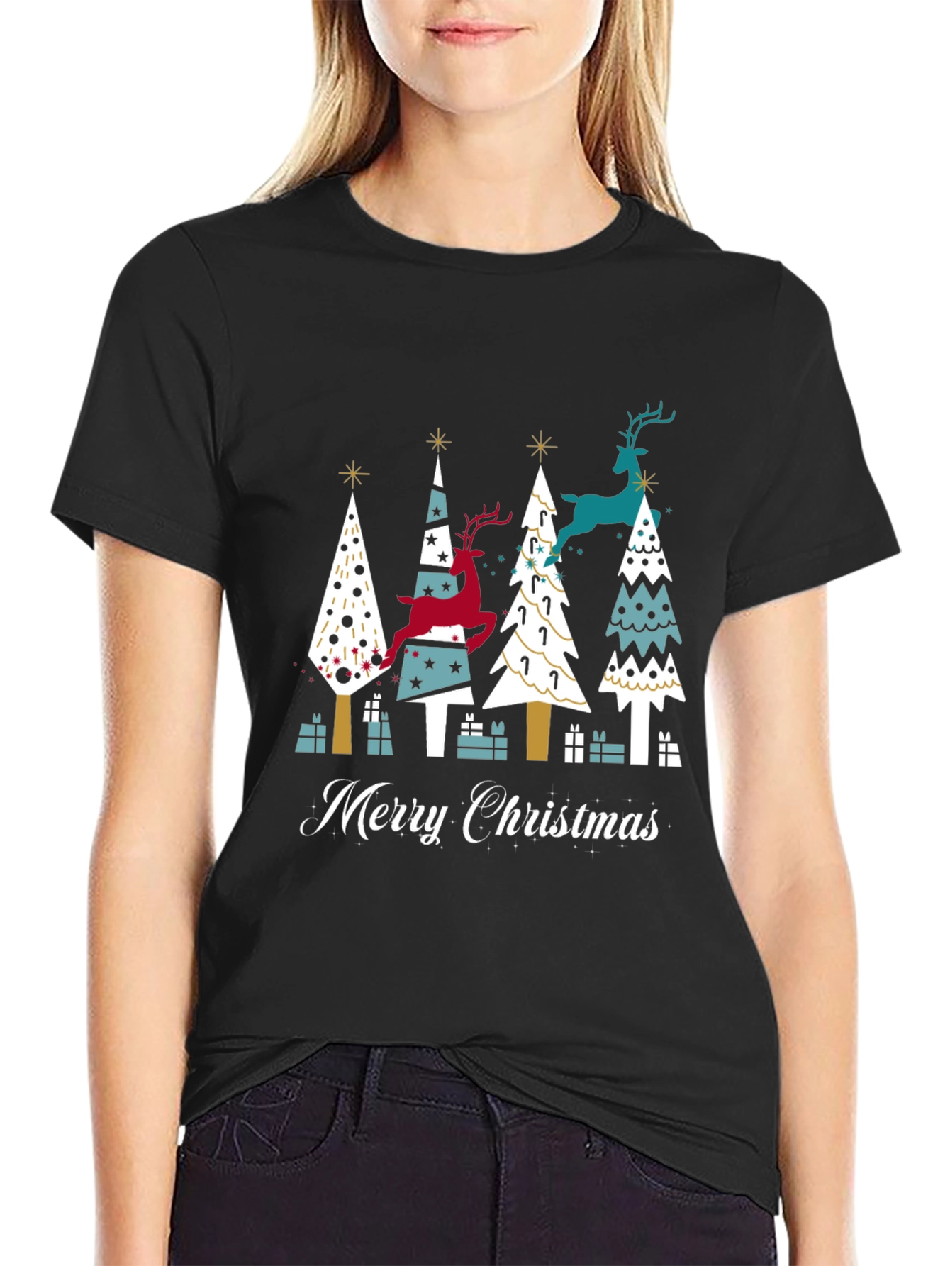 Festive Merry Christmas Tree & Reindeer Graphic Tee