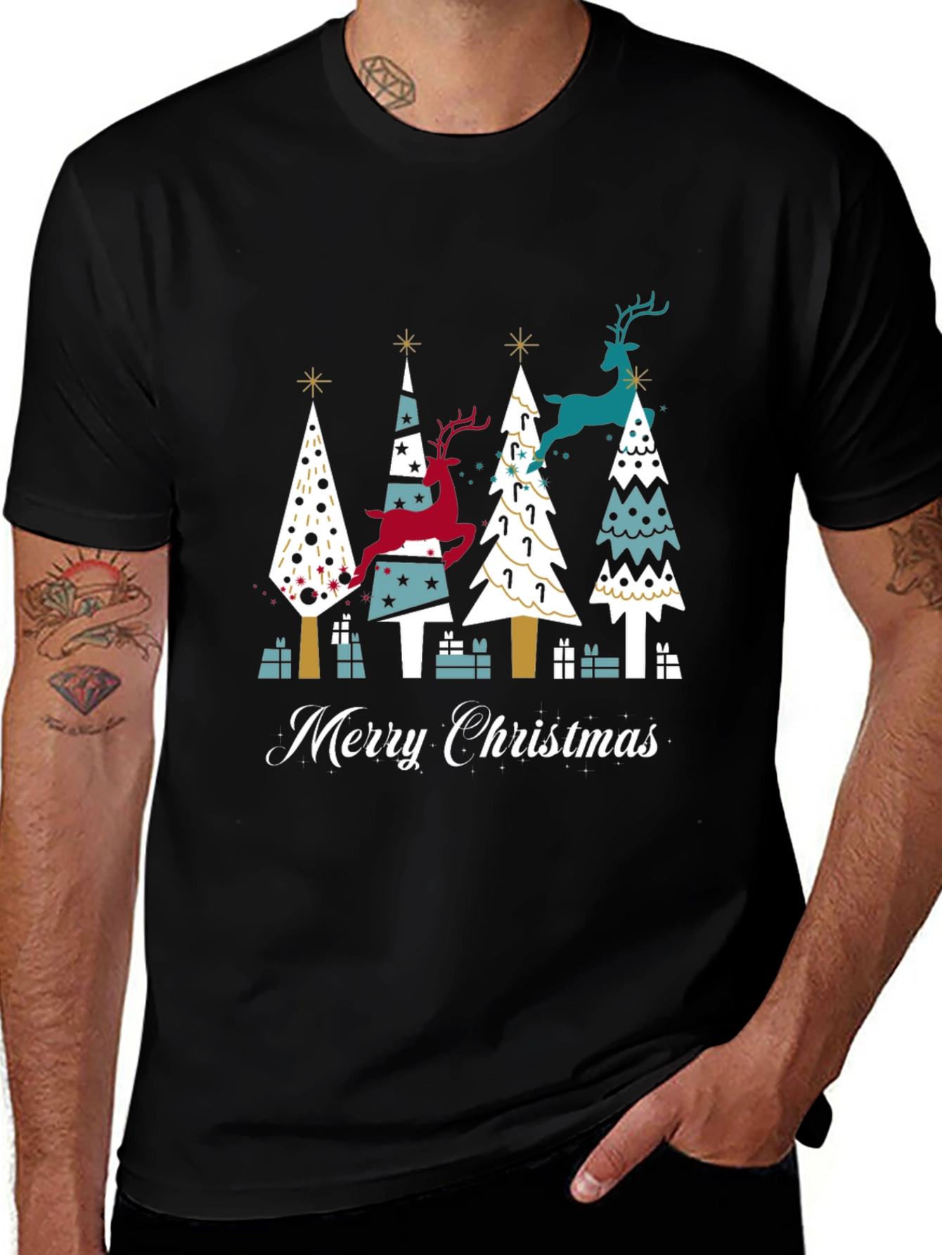 Festive Merry Christmas Tree & Reindeer Graphic Tee