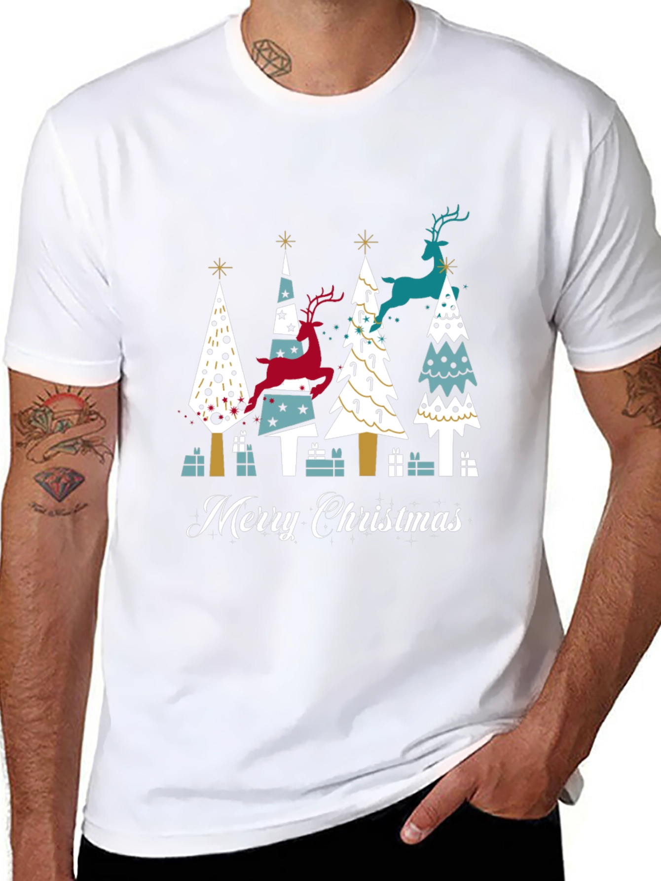 Festive Merry Christmas Tree & Reindeer Graphic Tee