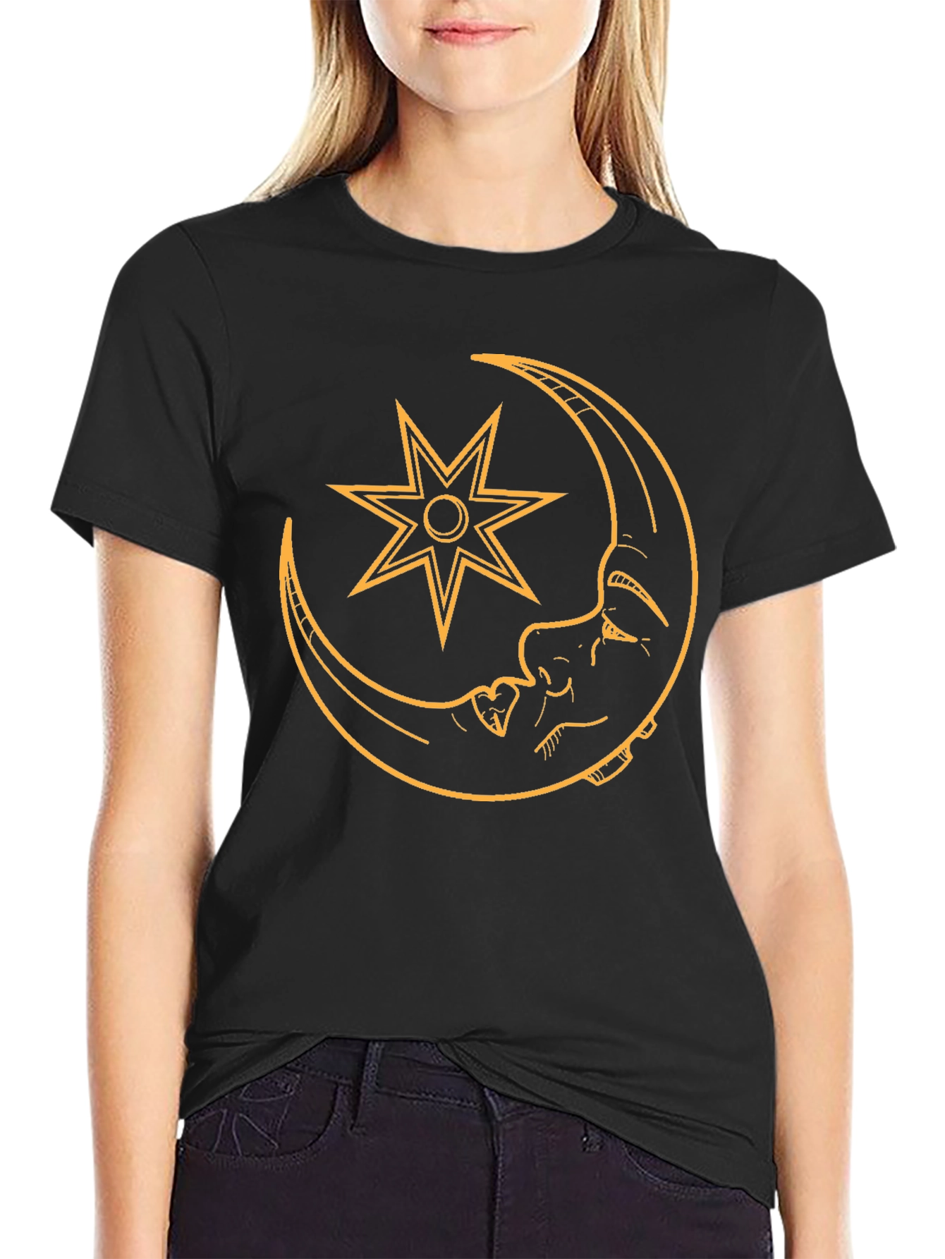 Moon and Star Graphic Tee - Black Casual T-Shirt