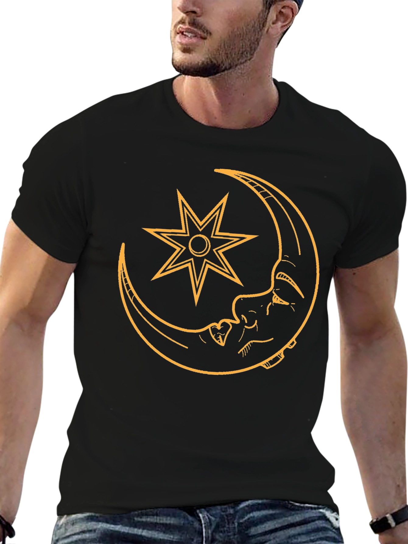 Moon and Star Graphic Tee - Black Casual T-Shirt