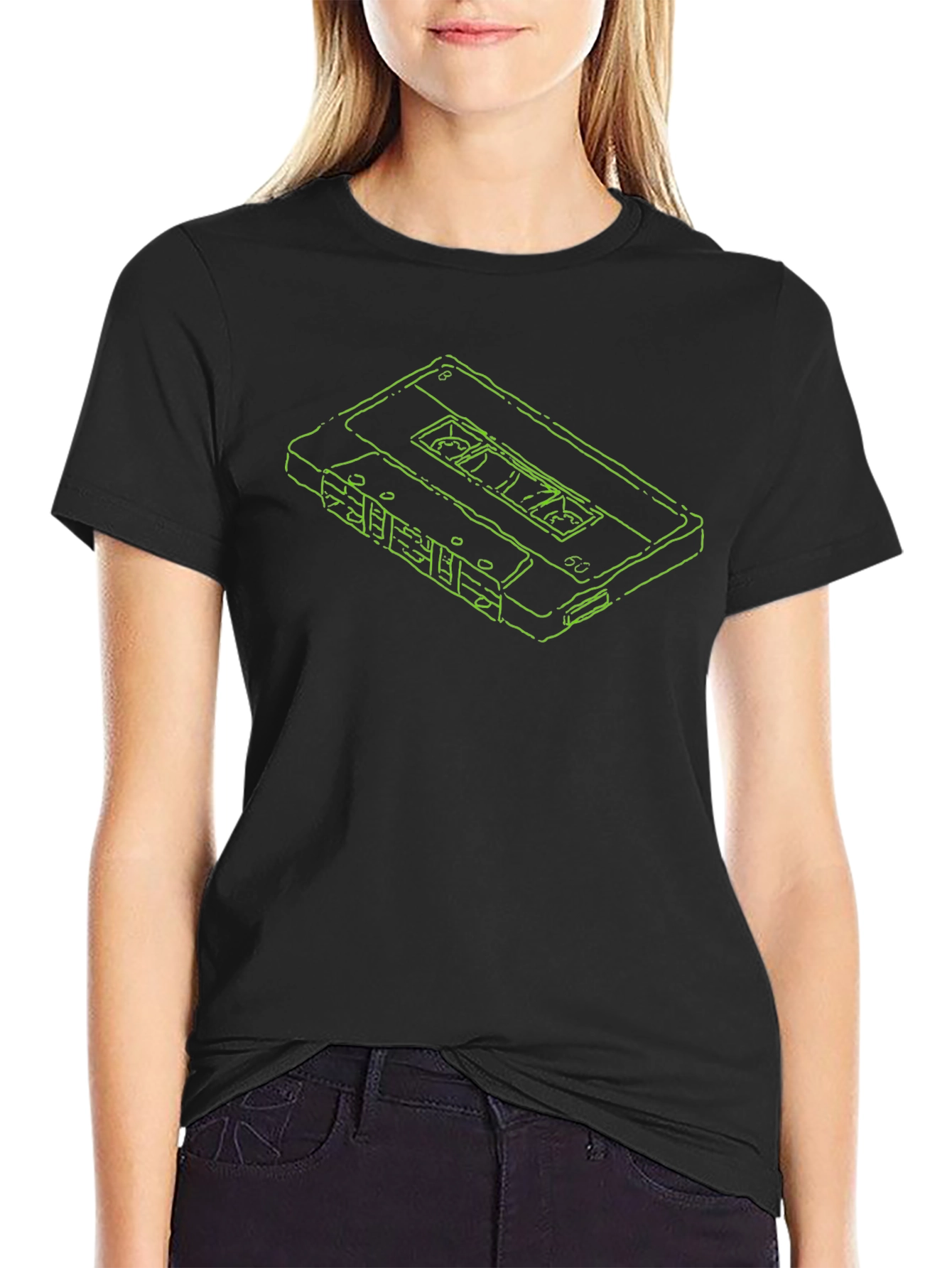 Retro Cassette Tape Outline Black T-Shirt