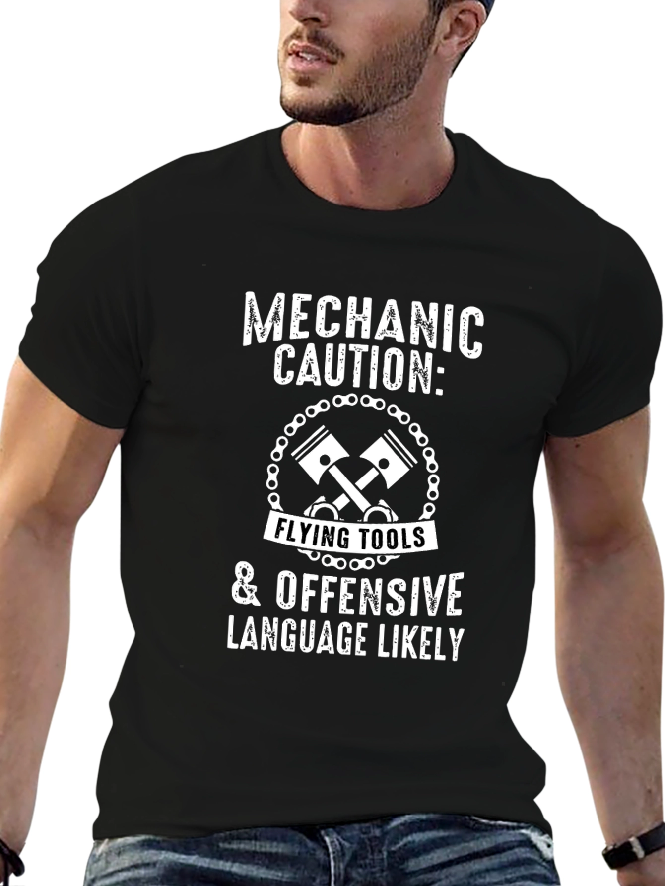 Mechanic Caution T-Shirt - Flying Tools & Offensive Language