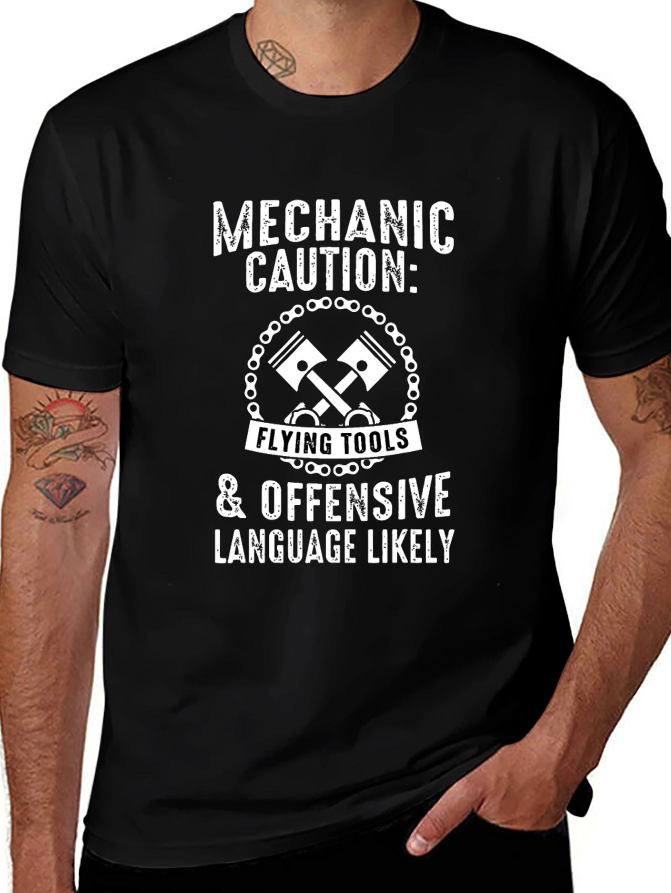 Mechanic Caution T-Shirt - Flying Tools & Offensive Language