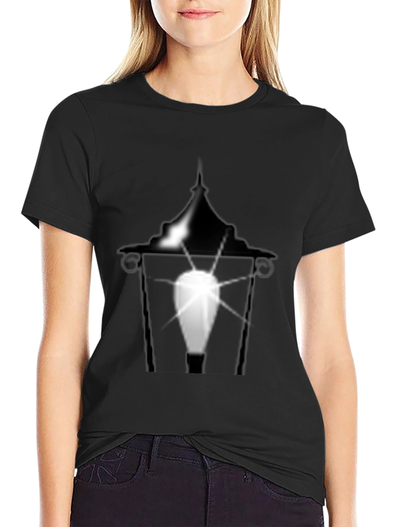 Eerie Lantern Graphic Tee - Black Cotton T-Shirt