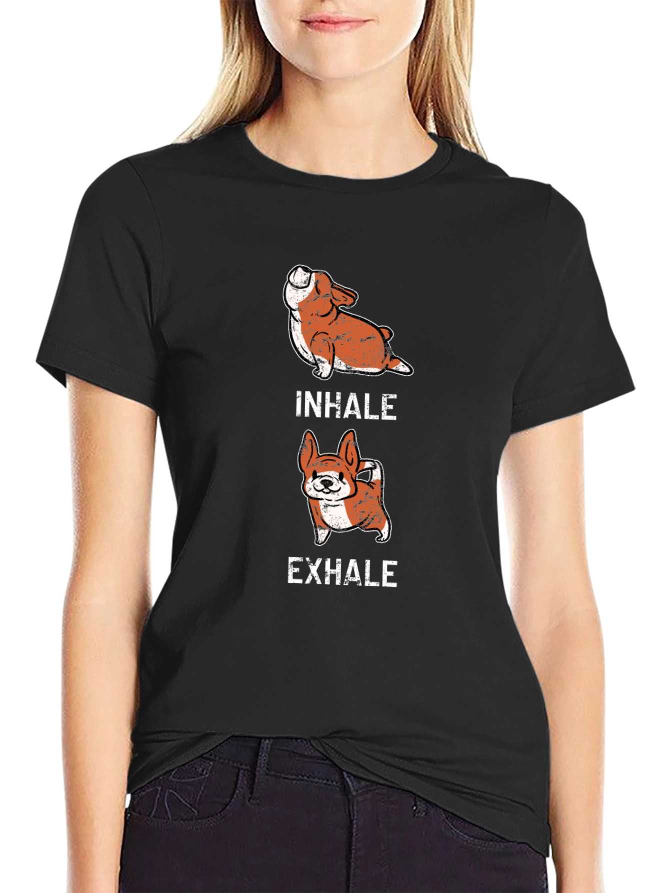 Inhale Exhale Corgi Yoga Black T-Shirt