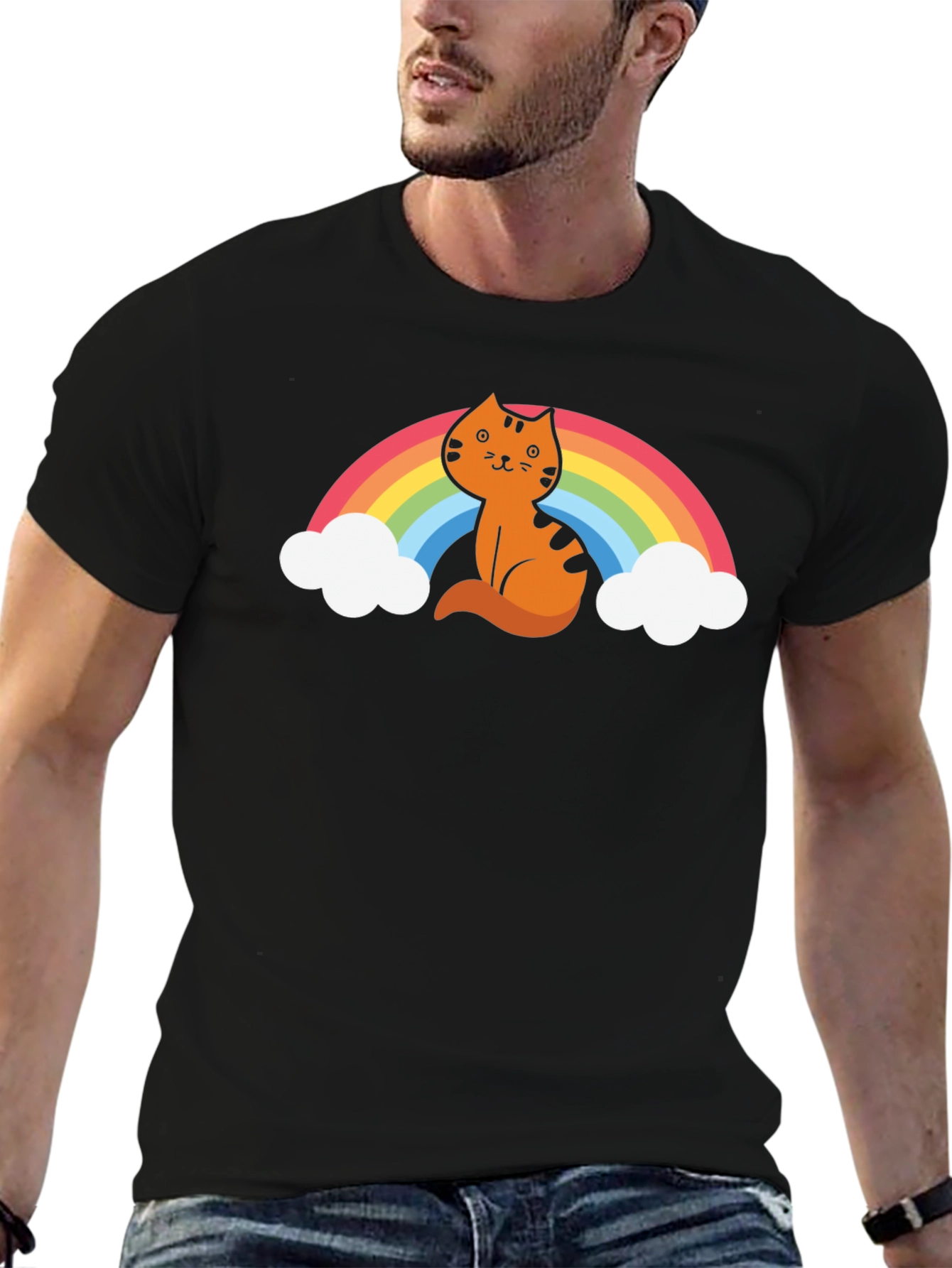 Cat Rainbow Graphic Tee - Unisex Black T-Shirt