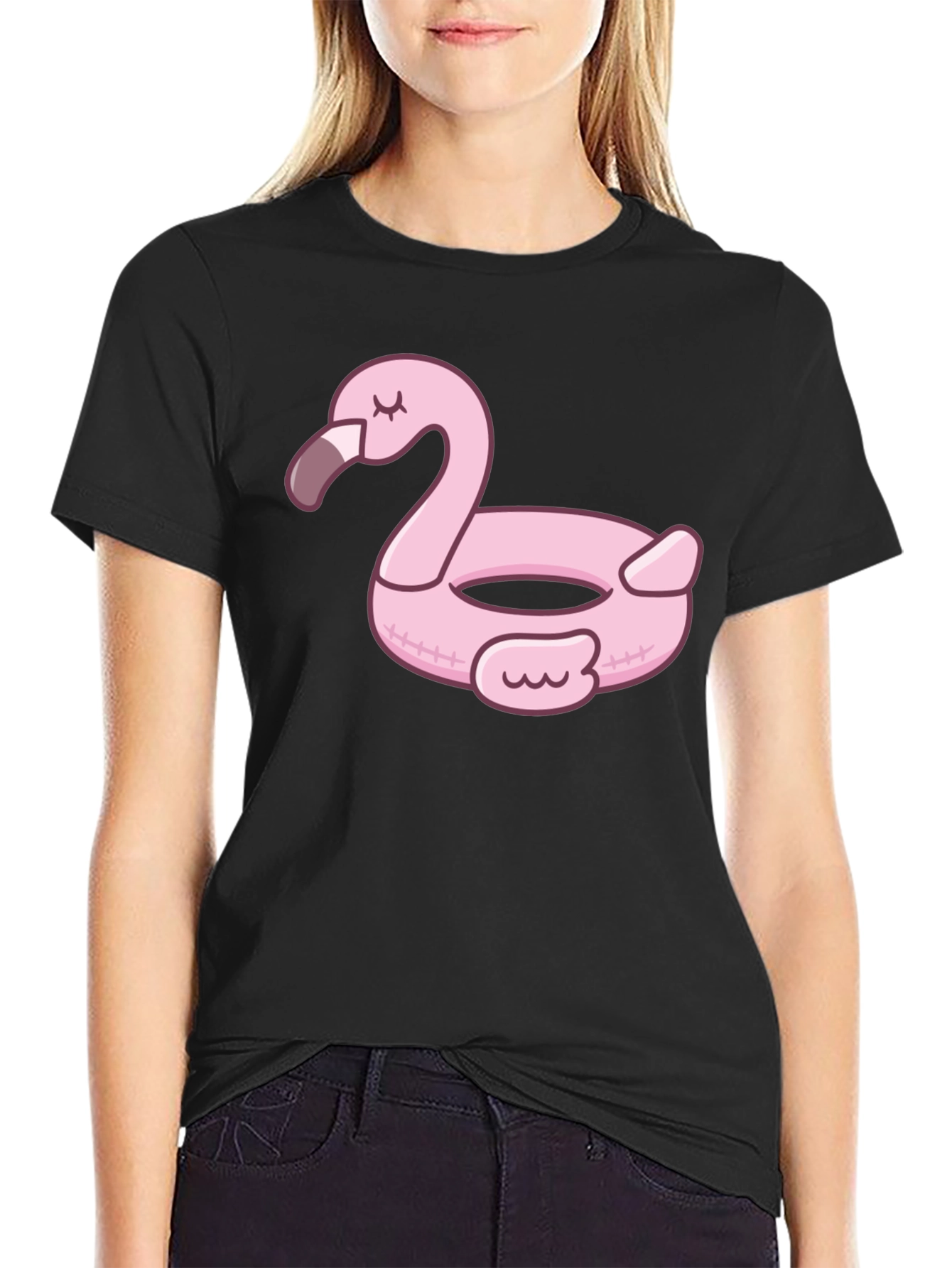 Pink Flamingo Pool Float Graphic Tee - Black