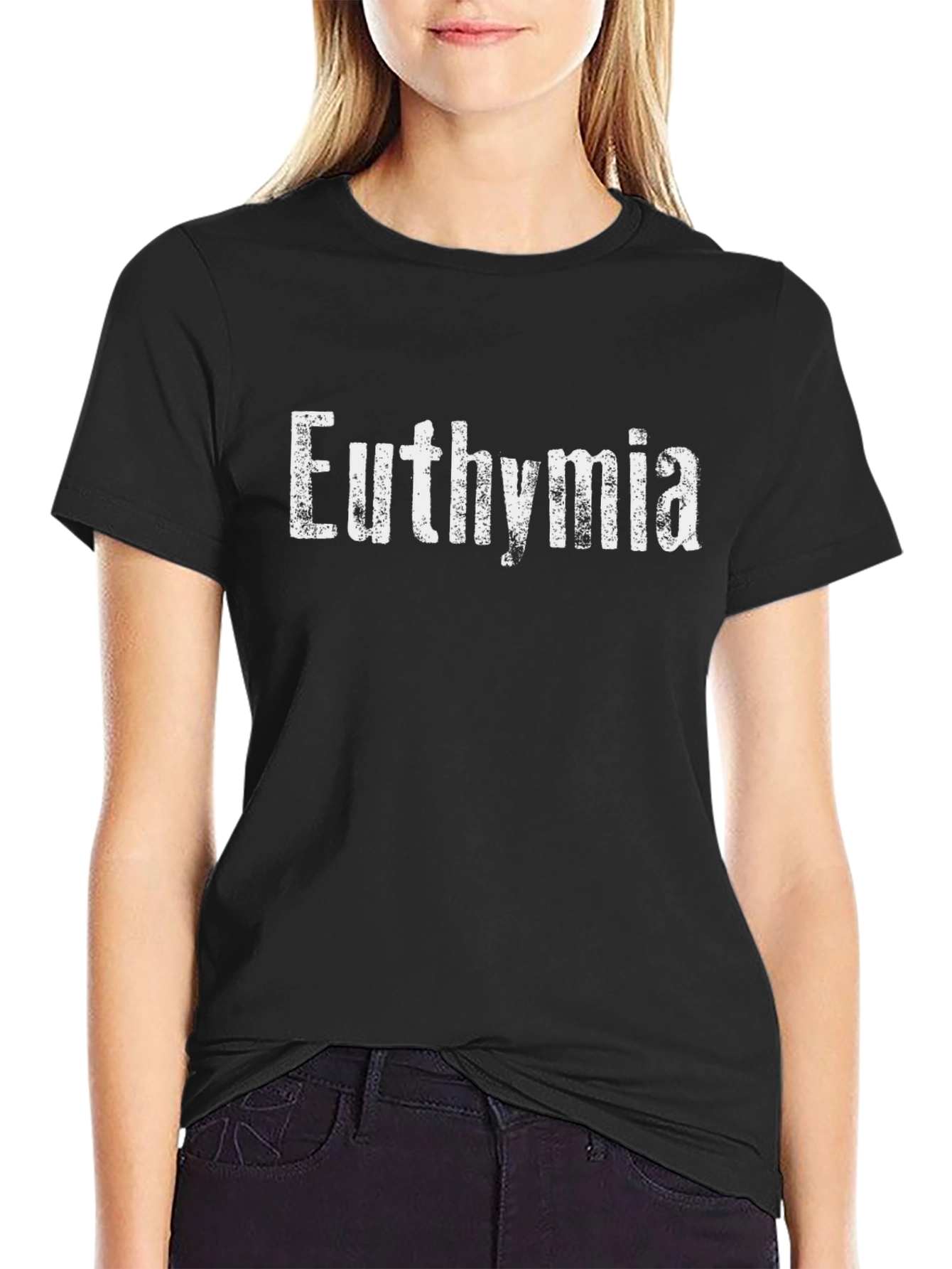 Euthymia T-Shirt - Distressed Text Design - Black Tee