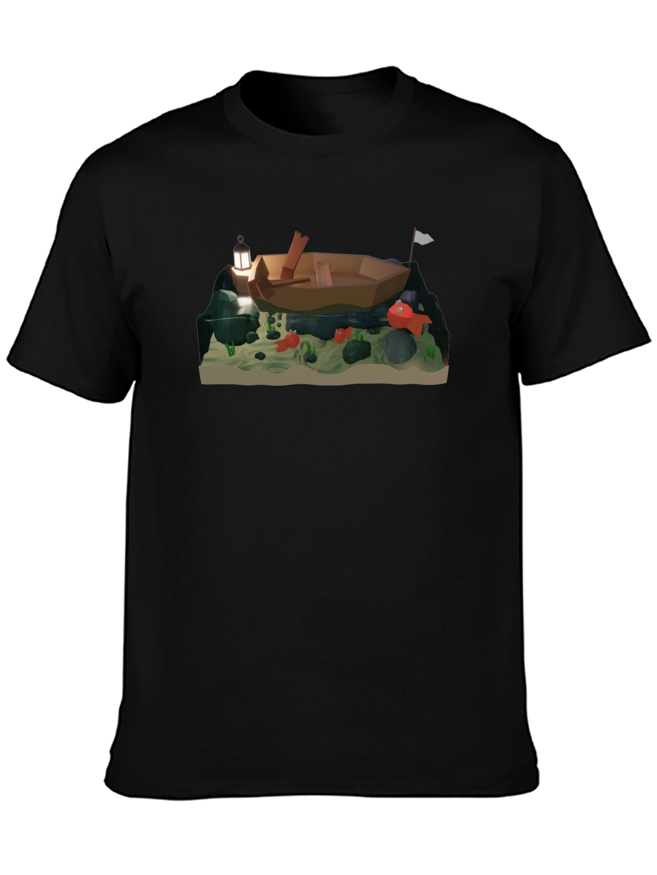 Low Poly Boat & Fish Graphic T-Shirt