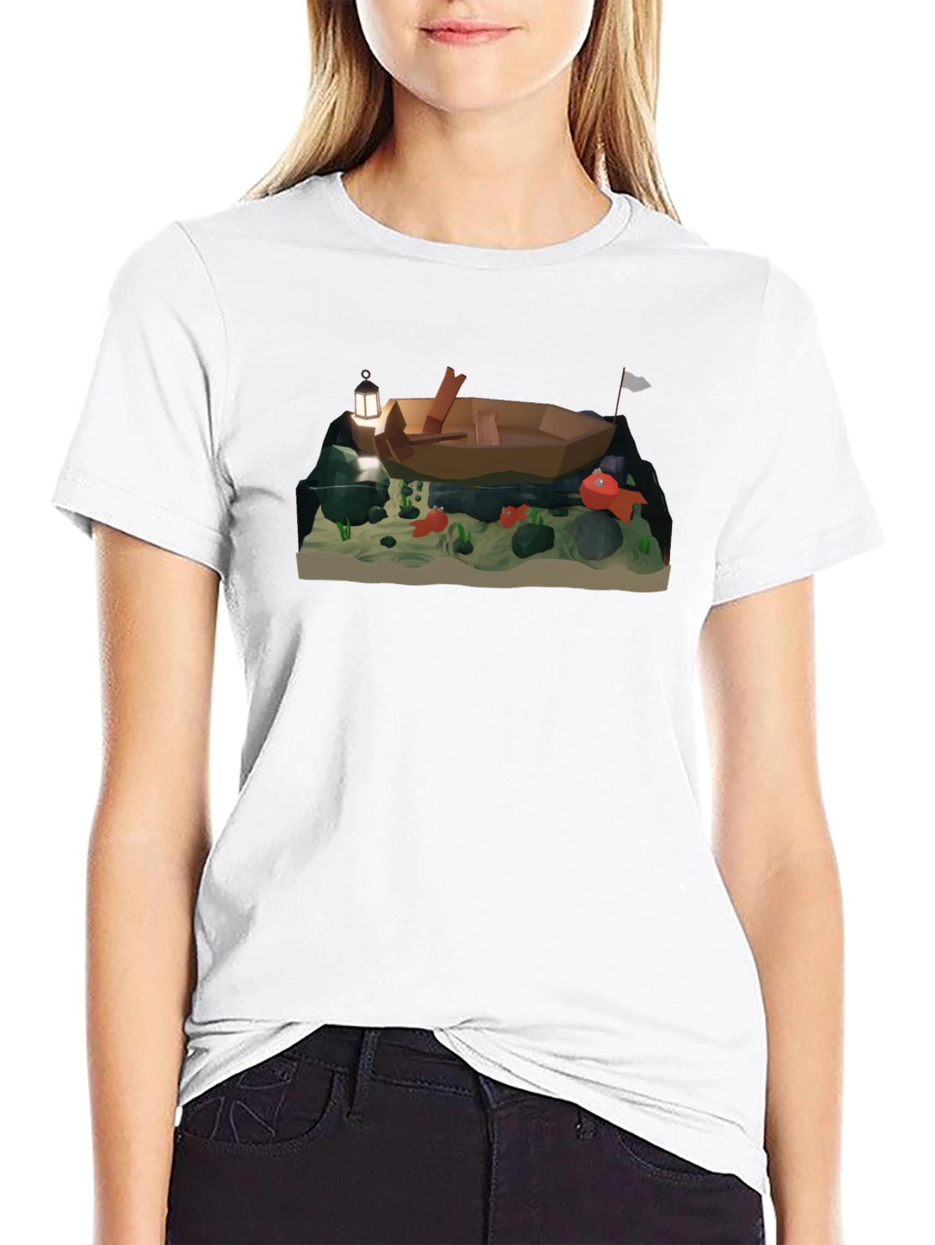Low Poly Boat & Fish Graphic T-Shirt