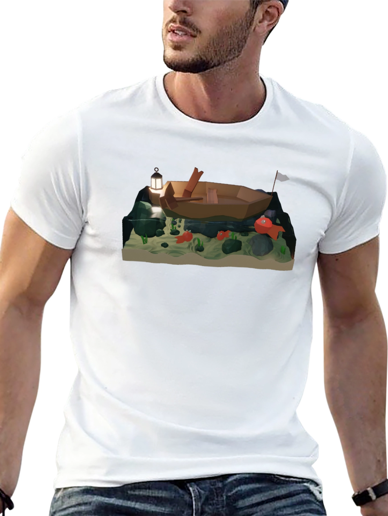 Low Poly Boat & Fish Graphic T-Shirt