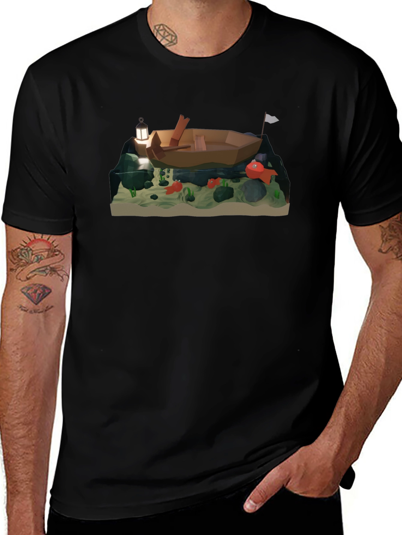 Low Poly Boat & Fish Graphic T-Shirt