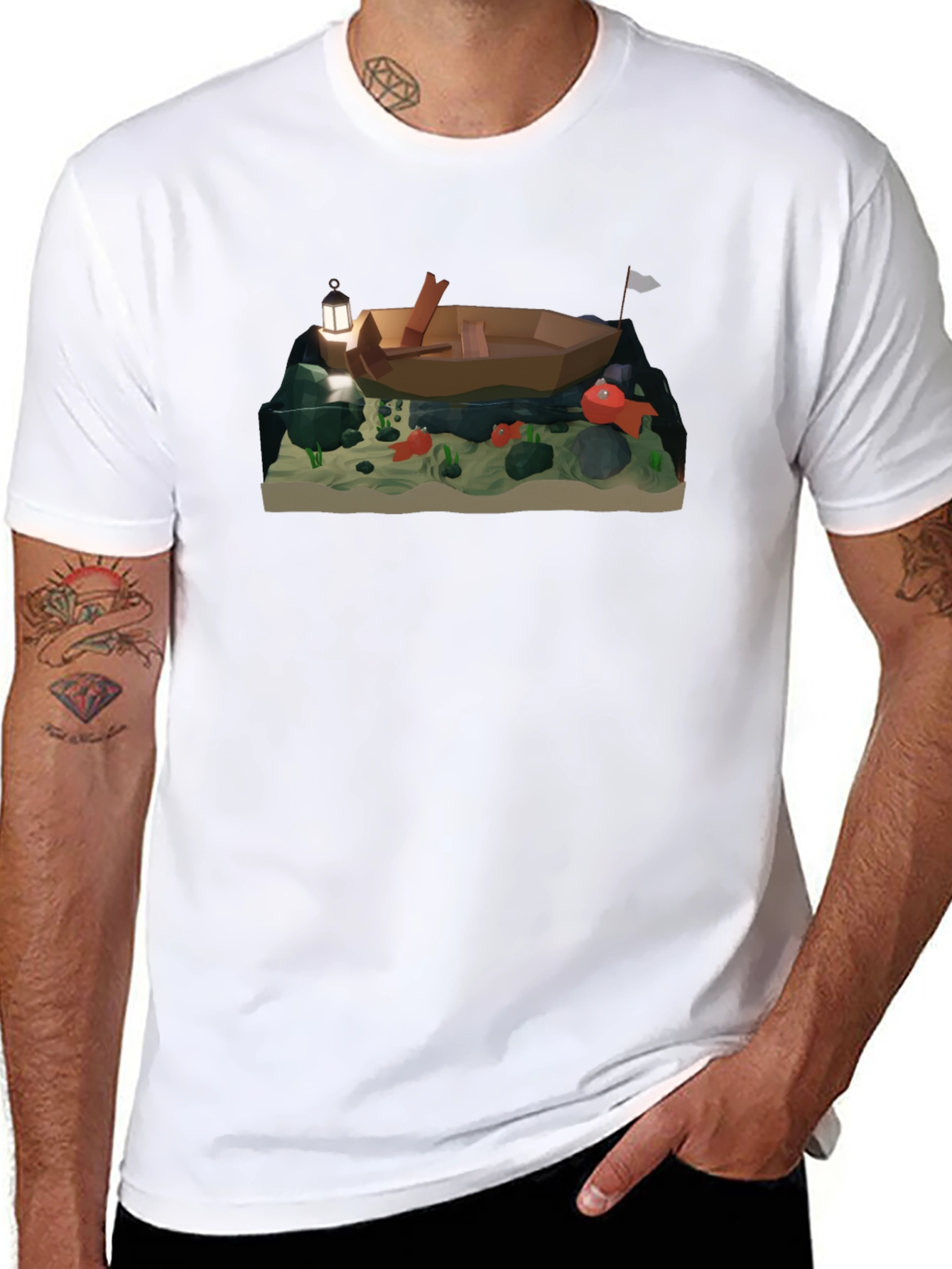 Low Poly Boat & Fish Graphic T-Shirt