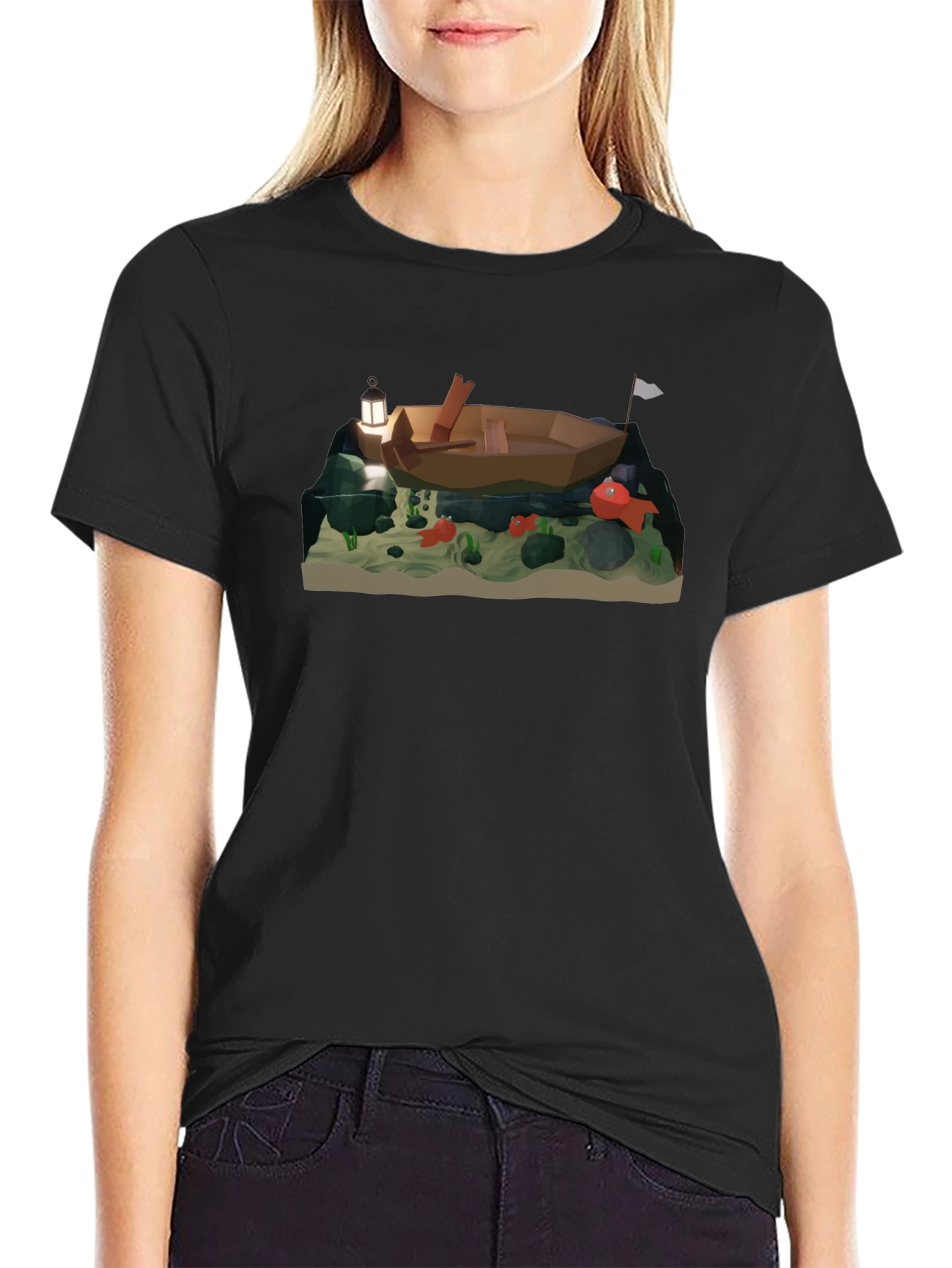 Low Poly Boat & Fish Graphic T-Shirt