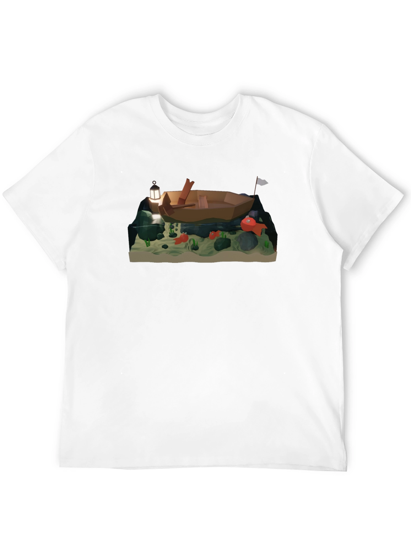 Low Poly Boat & Fish Graphic T-Shirt