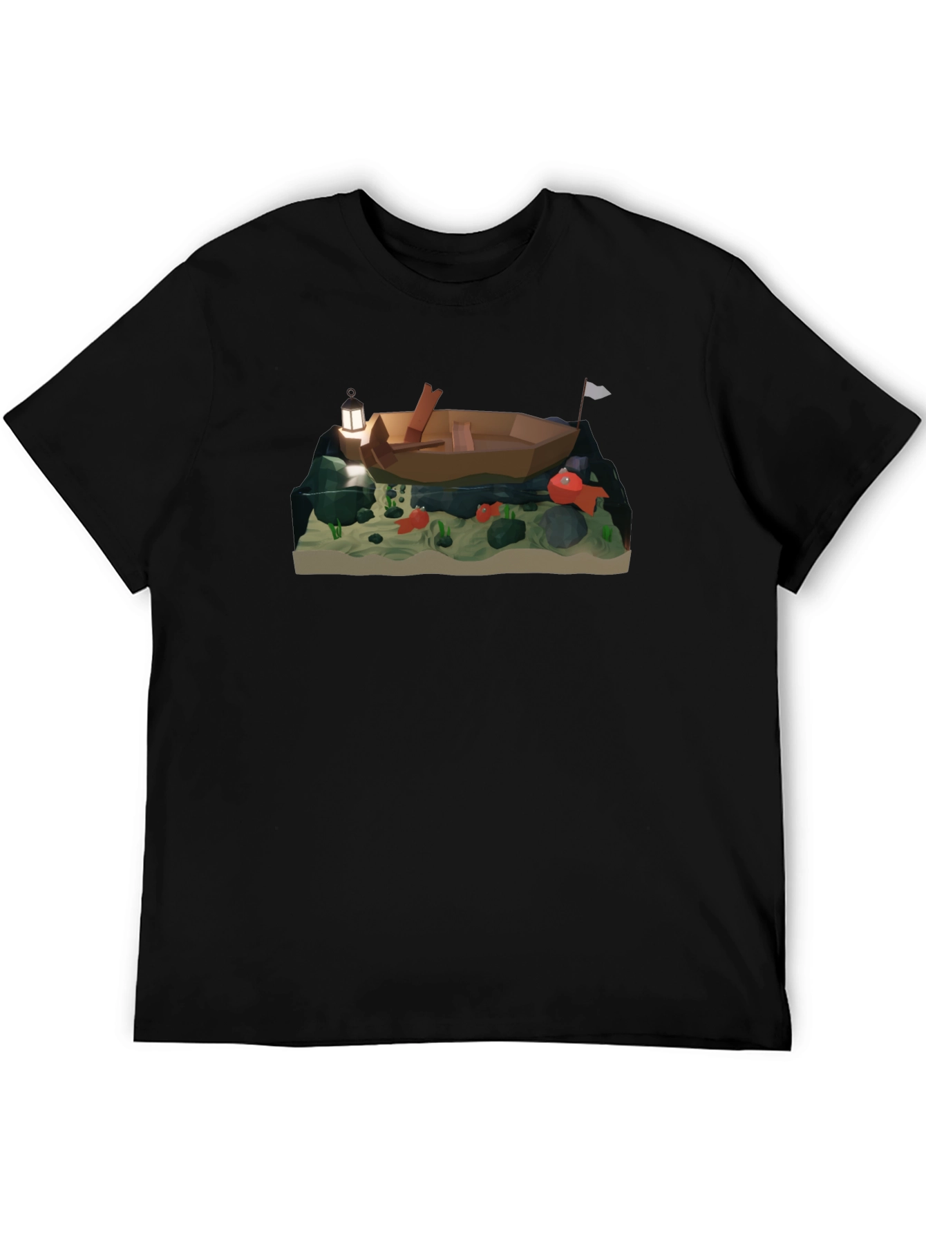 Low Poly Boat & Fish Graphic T-Shirt