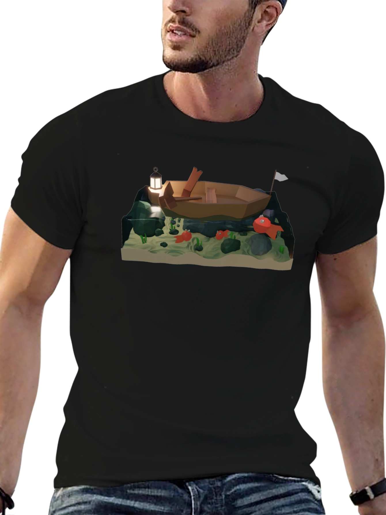 Low Poly Boat & Fish Graphic T-Shirt