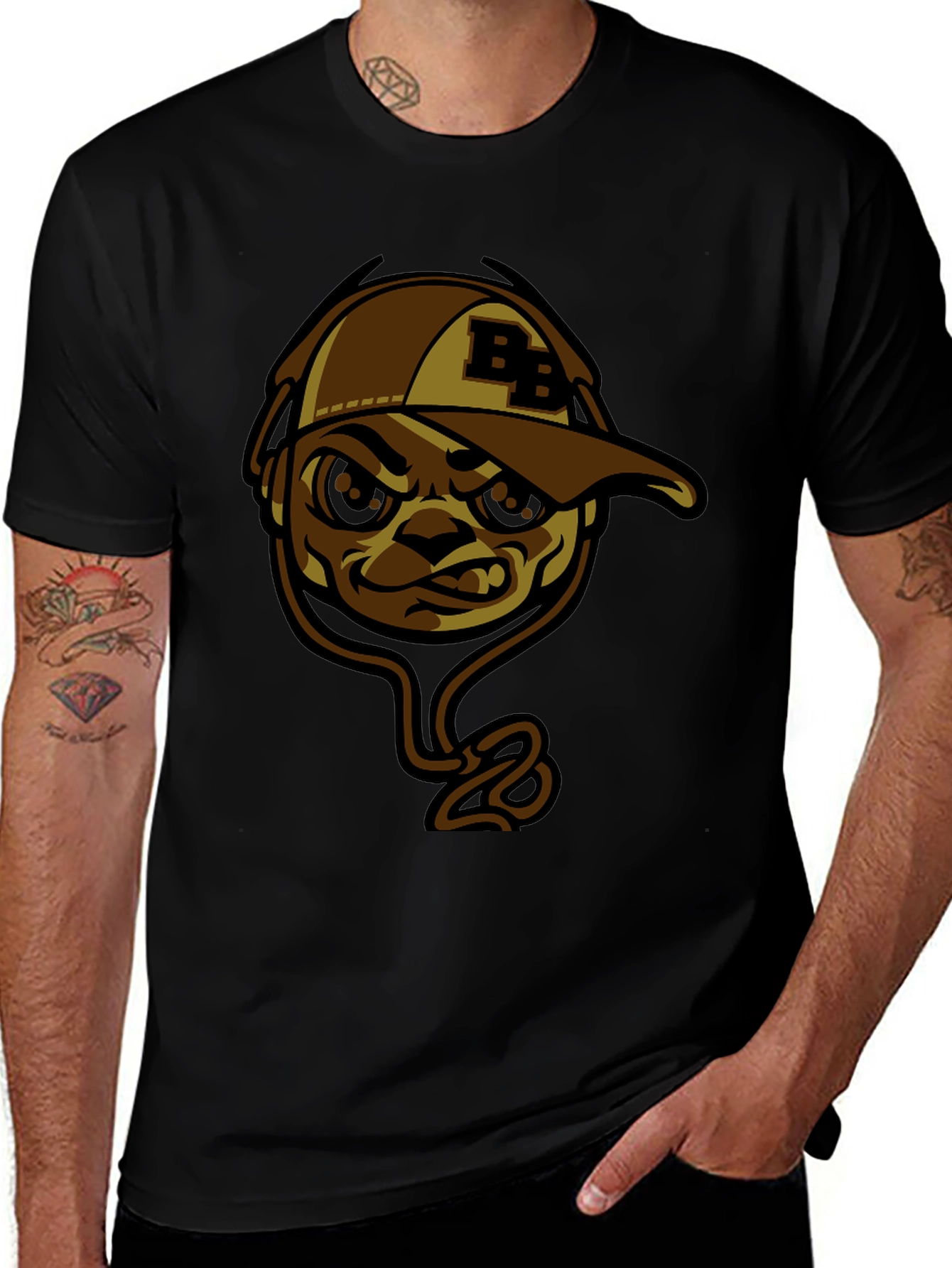 Cool BB Cap Cartoon Graphic Black T-Shirt