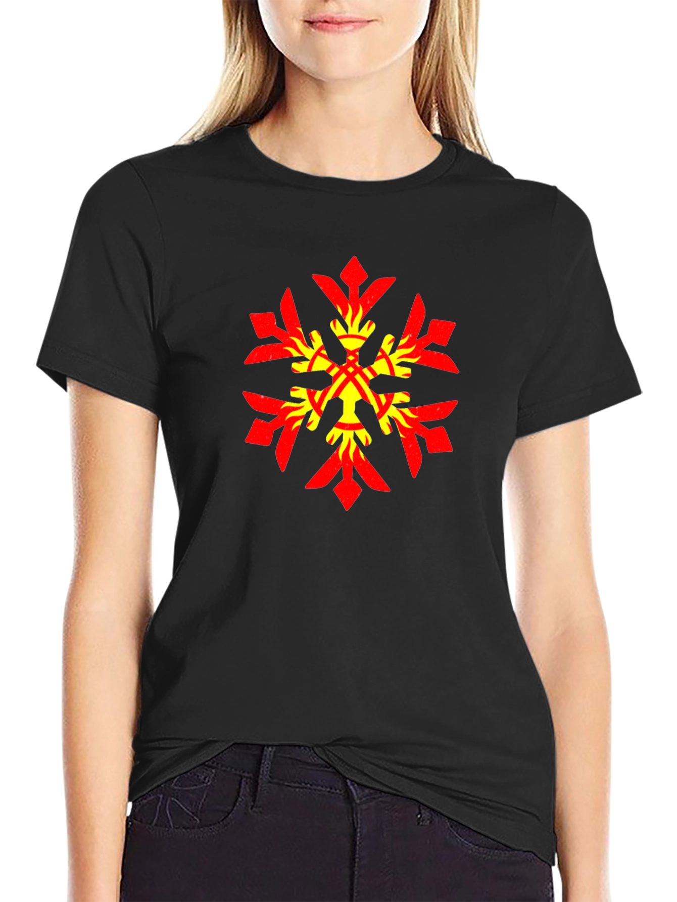 Geometric Snowflake Graphic Tee - Stylish Black Cotton Blend