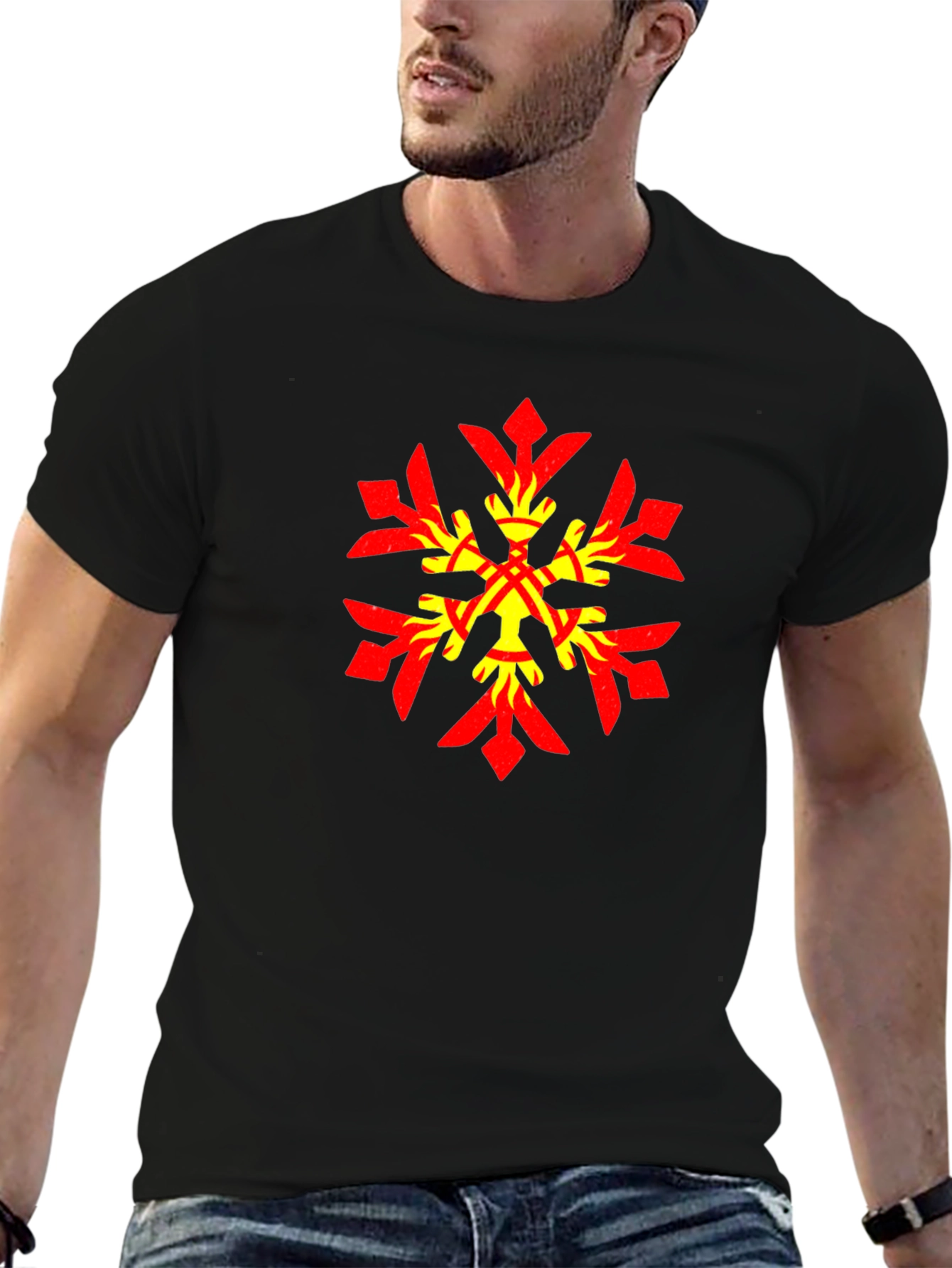 Geometric Snowflake Graphic Tee - Stylish Black Cotton Blend
