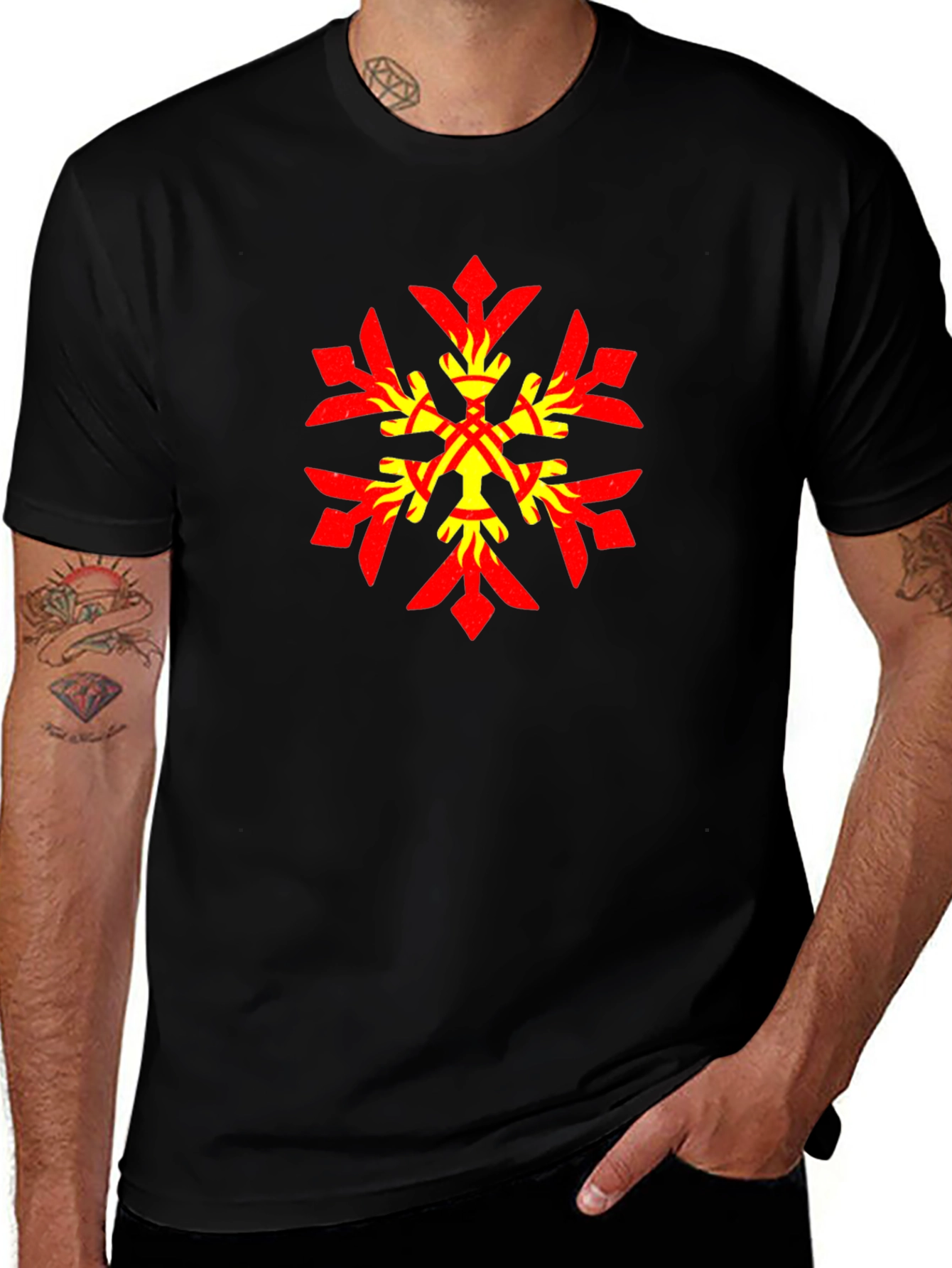 Geometric Snowflake Graphic Tee - Stylish Black Cotton Blend