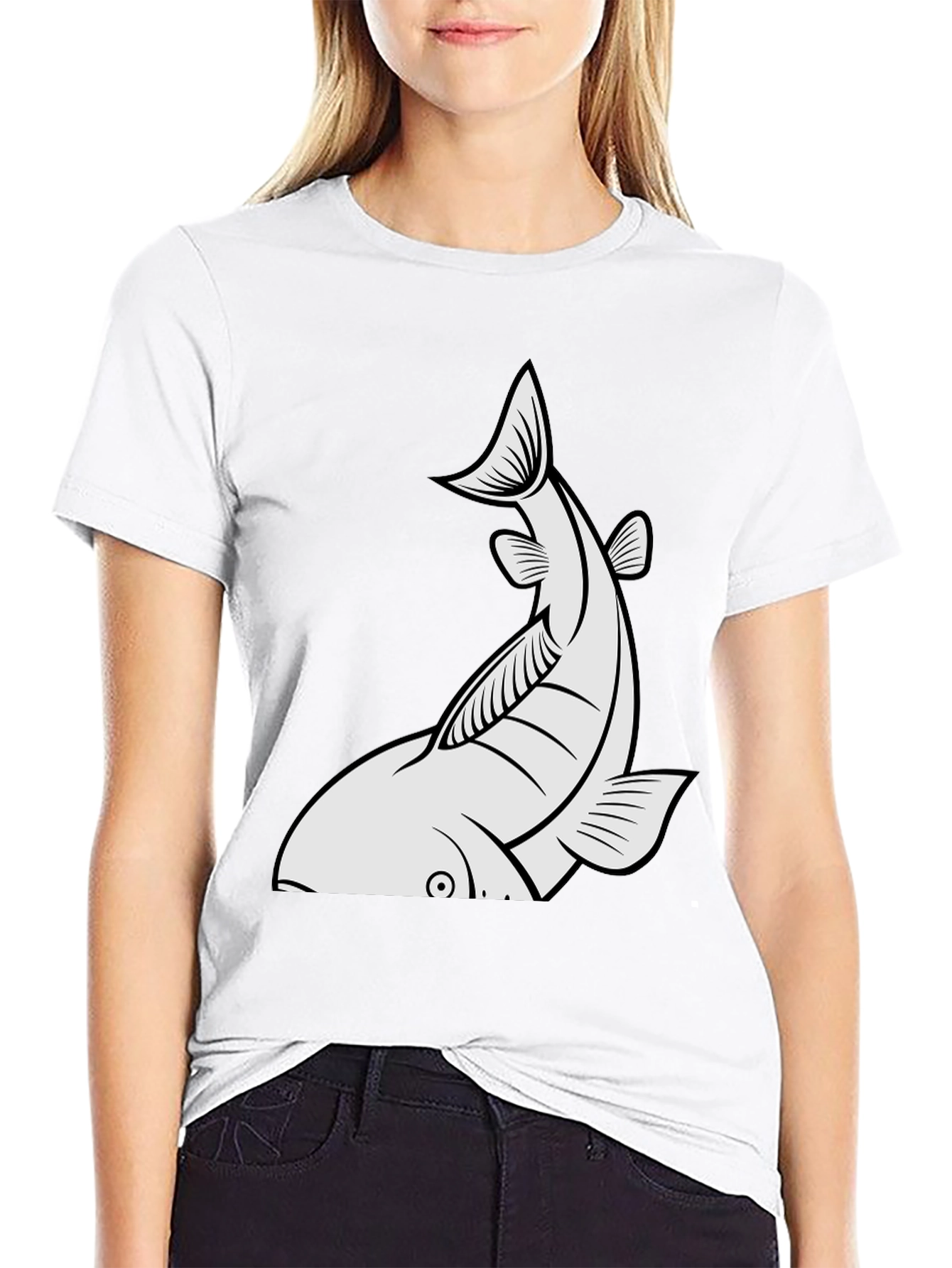 Mens Black T-shirt with White Fish Graphic