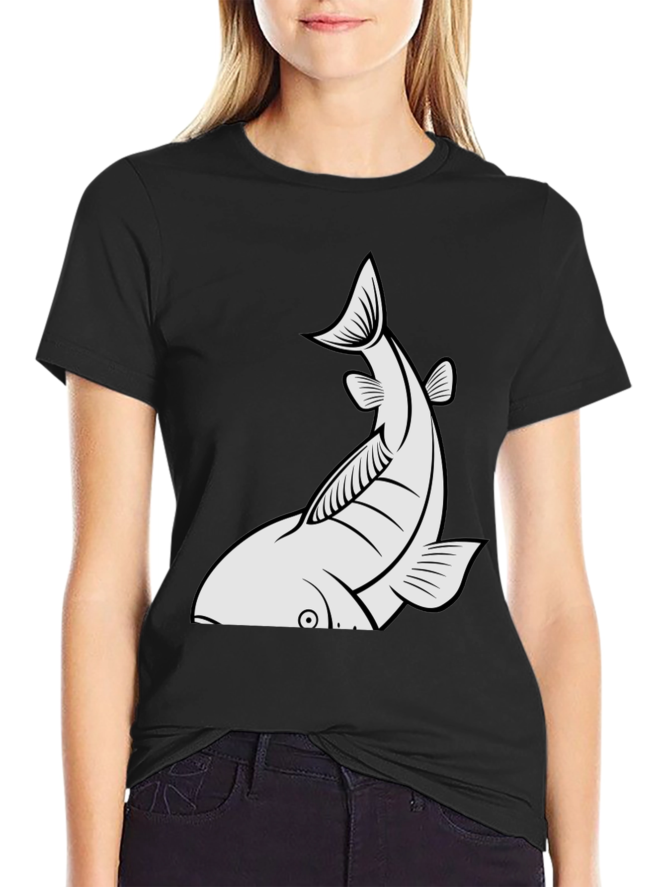 Mens Black T-shirt with White Fish Graphic